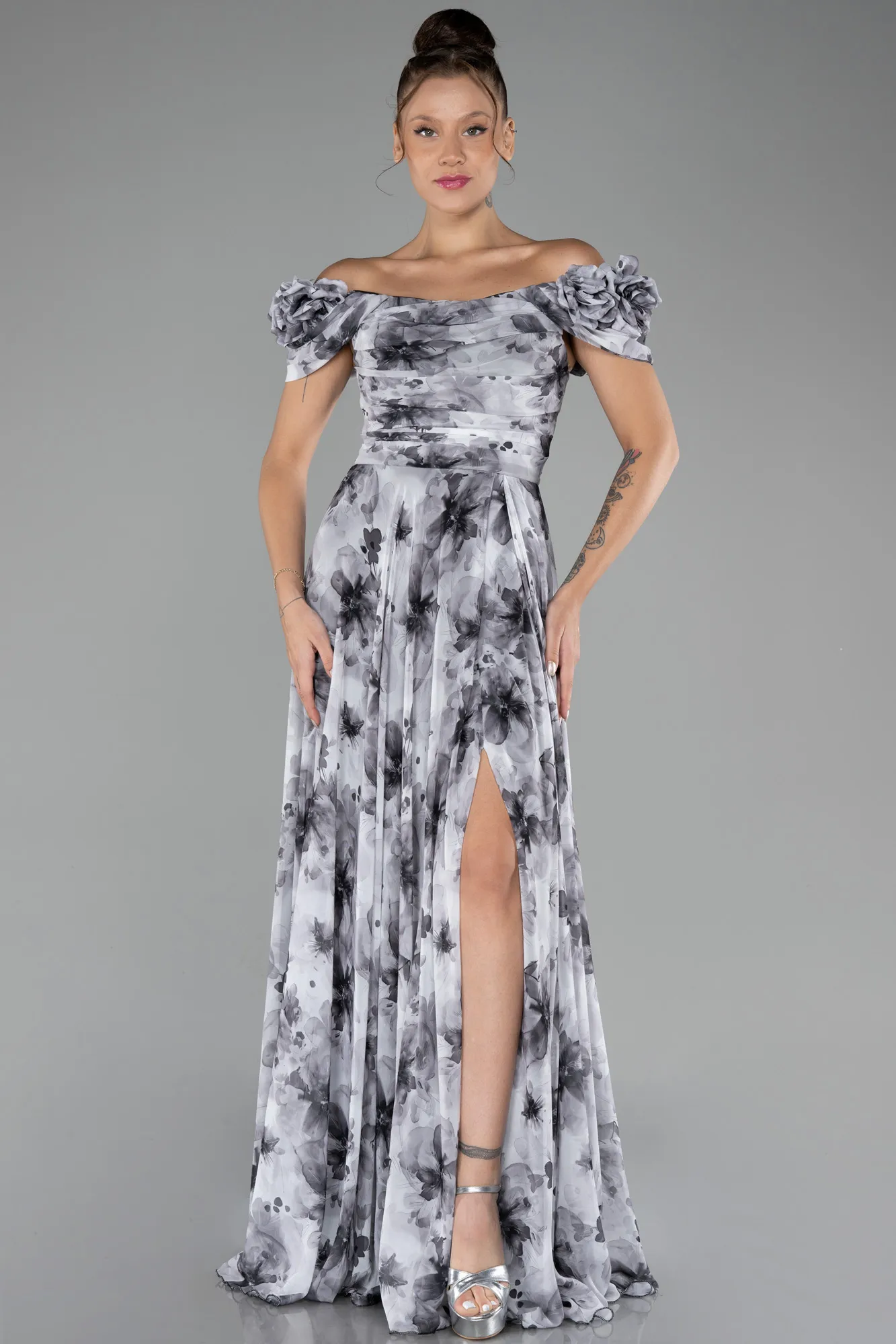 Anthracite-Boat Neck Floral Slit Long Prom Dress ABU4113