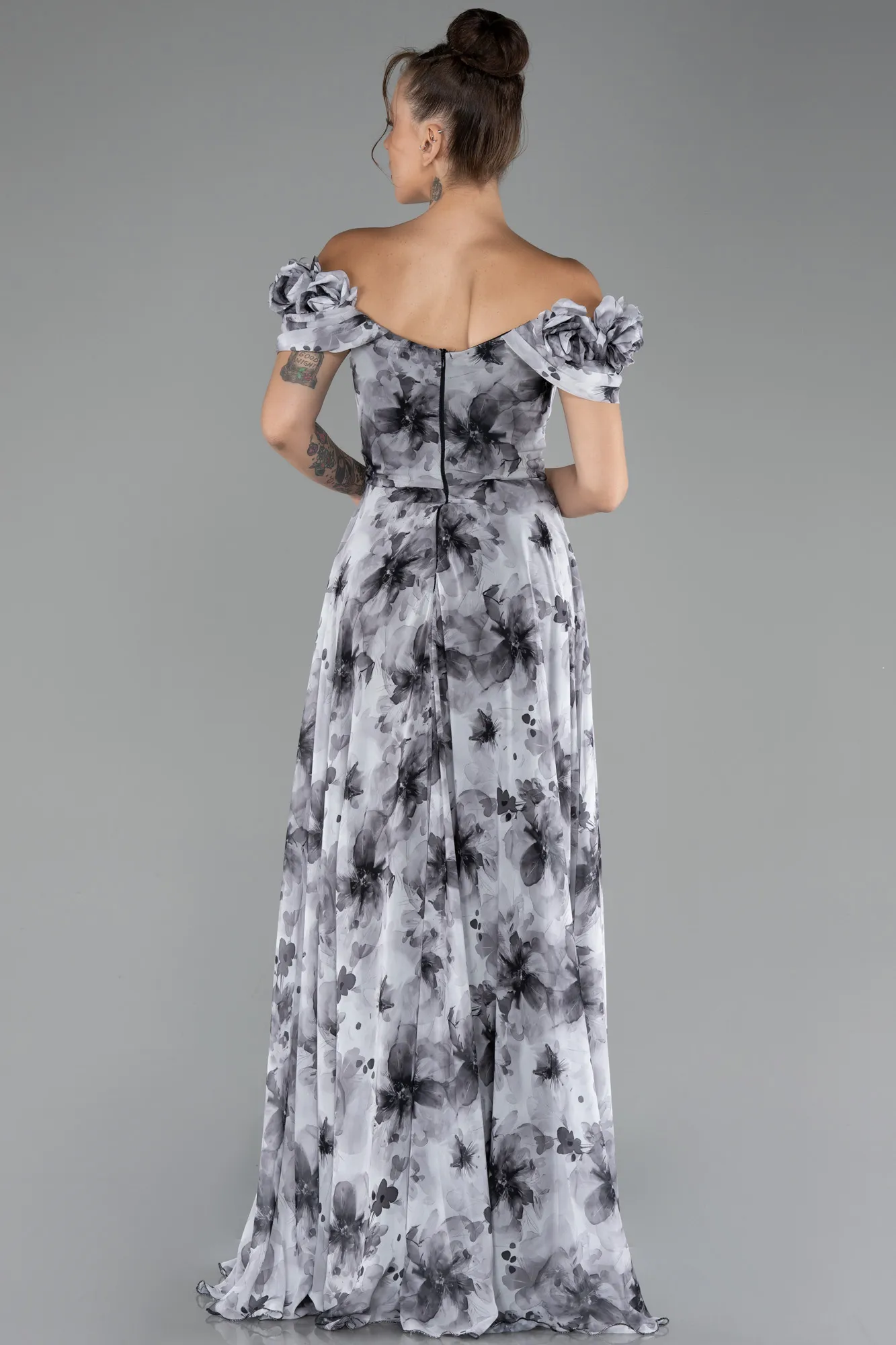 Anthracite-Boat Neck Floral Slit Long Prom Dress ABU4113