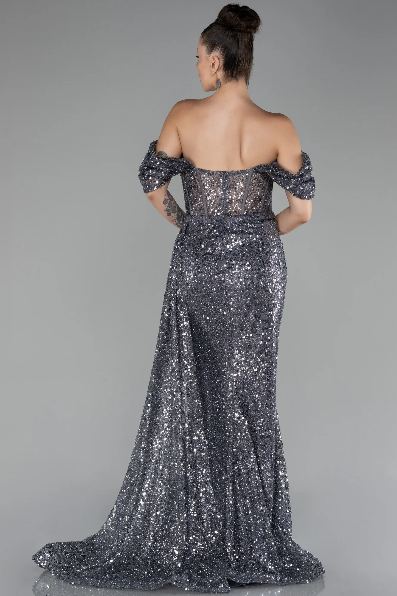 Anthracite-Boat Neck Slit Long Scaly Prom Gown ABU4265