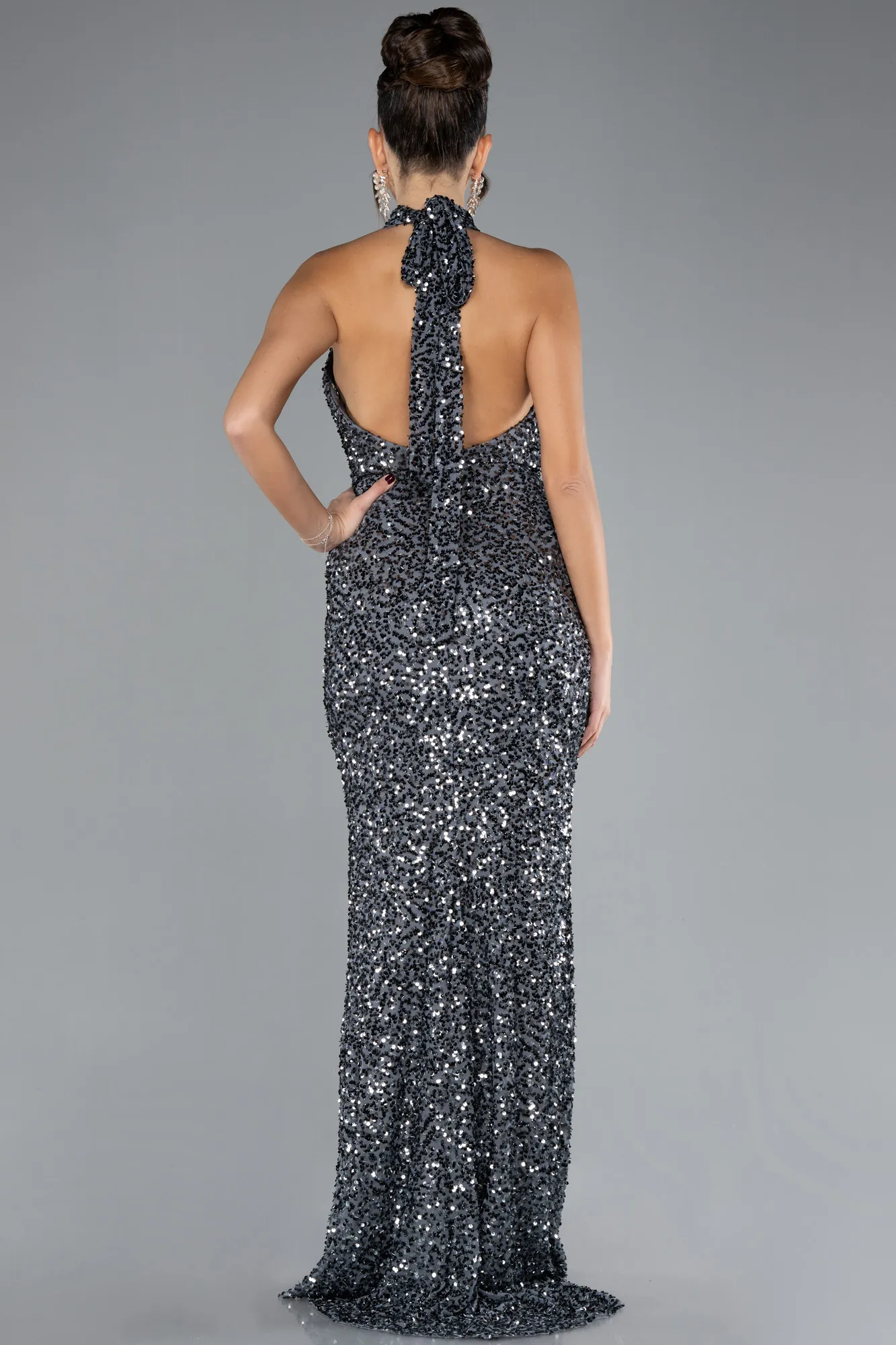 Anthracite-Halter Neck Slit Long Scaly Evening Gown ABU4306