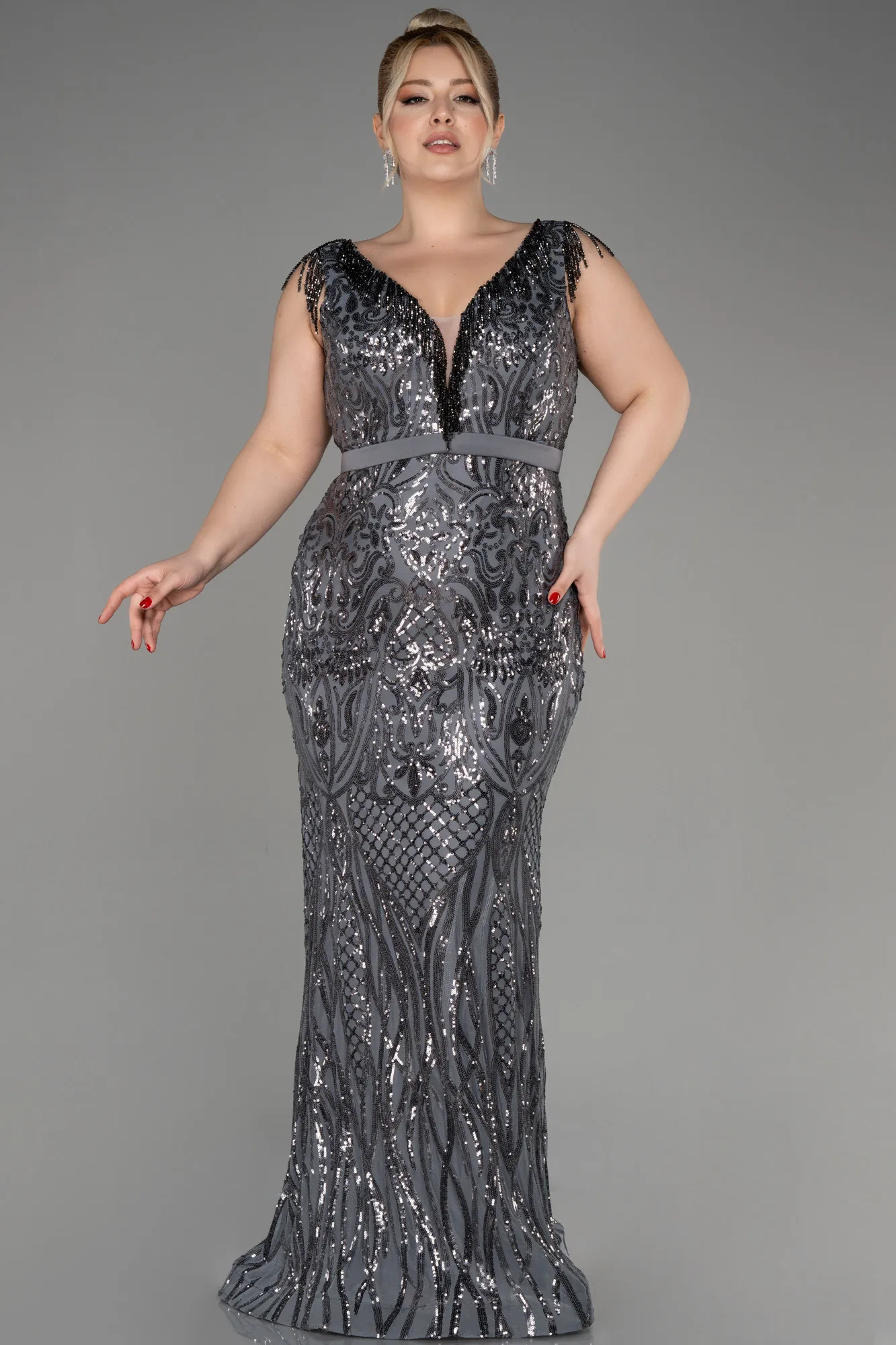 Anthracite-Long Plus Size Engagement Dress ABU3876