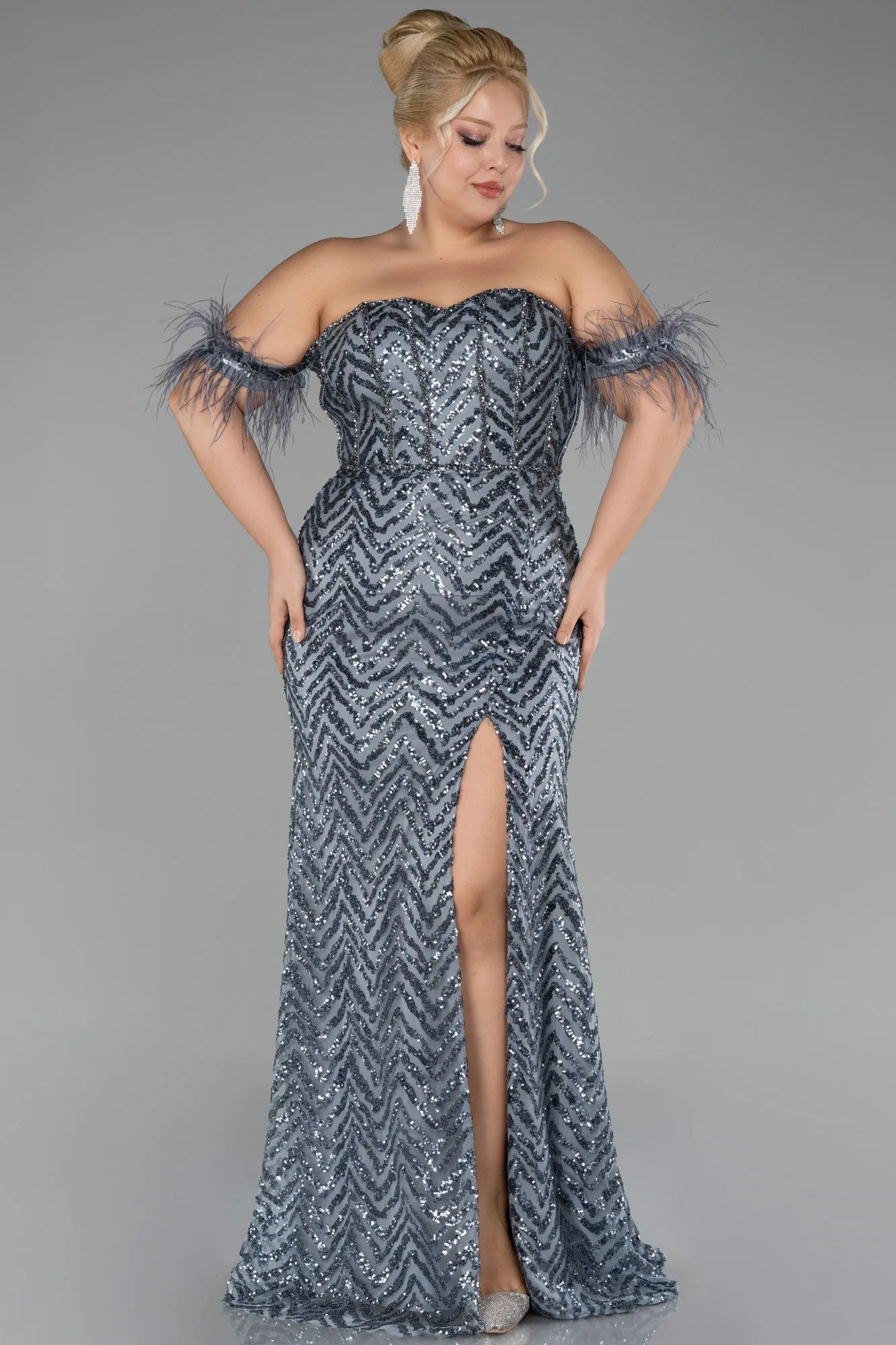 Anthracite-Long Plus Size Evening Dress ABU4149