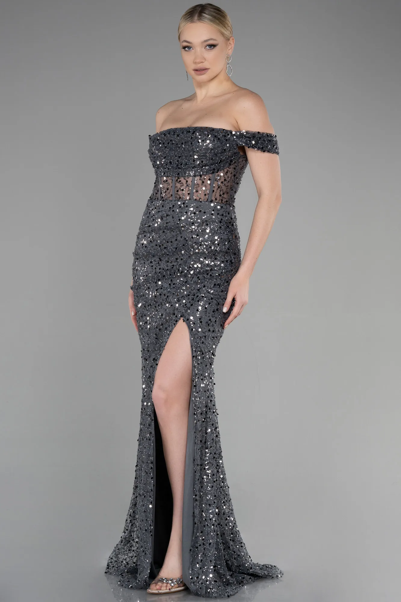 Anthracite-Long Scaly Evening Dress ABU3498