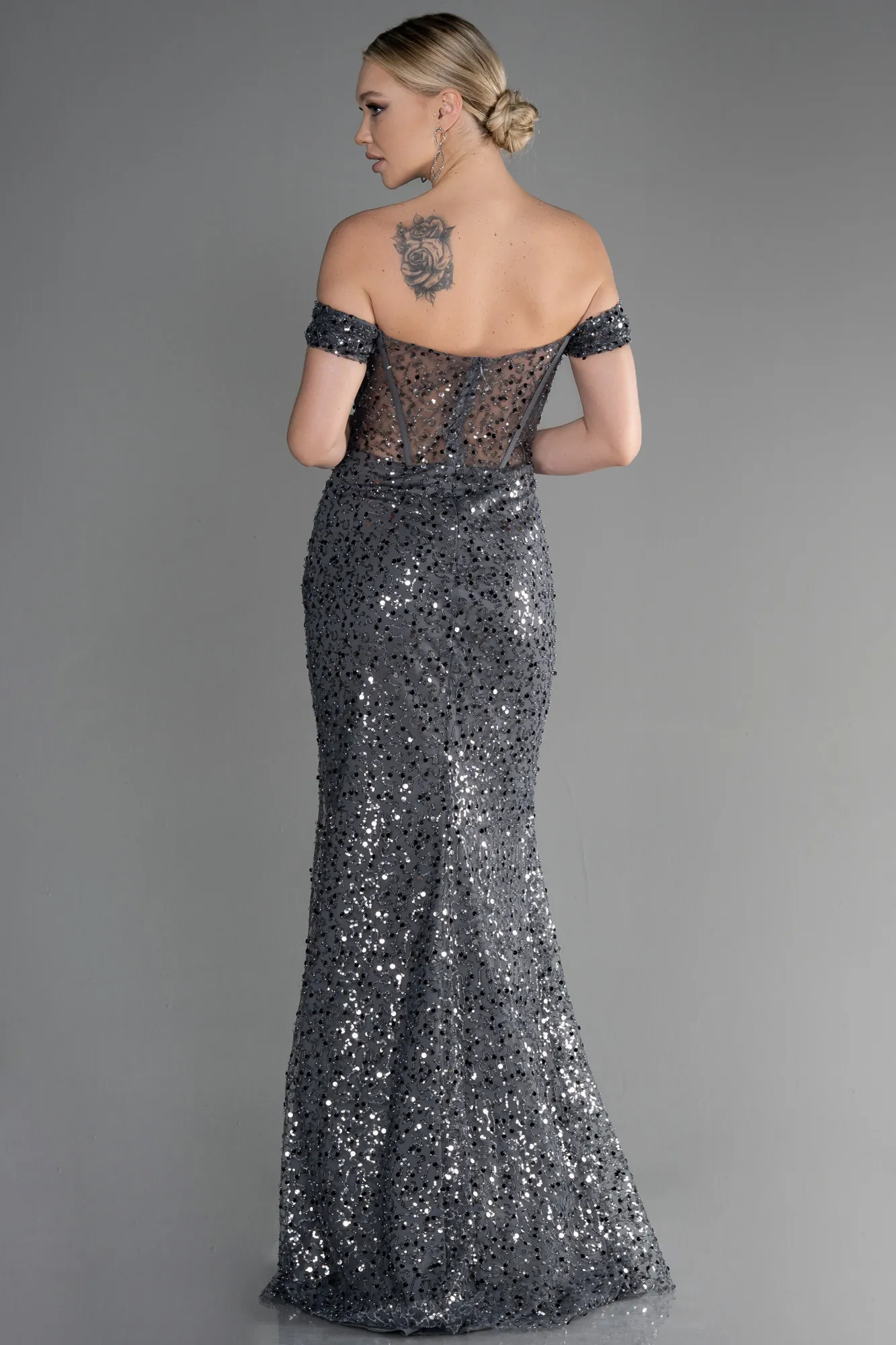 Anthracite-Long Scaly Evening Dress ABU3498