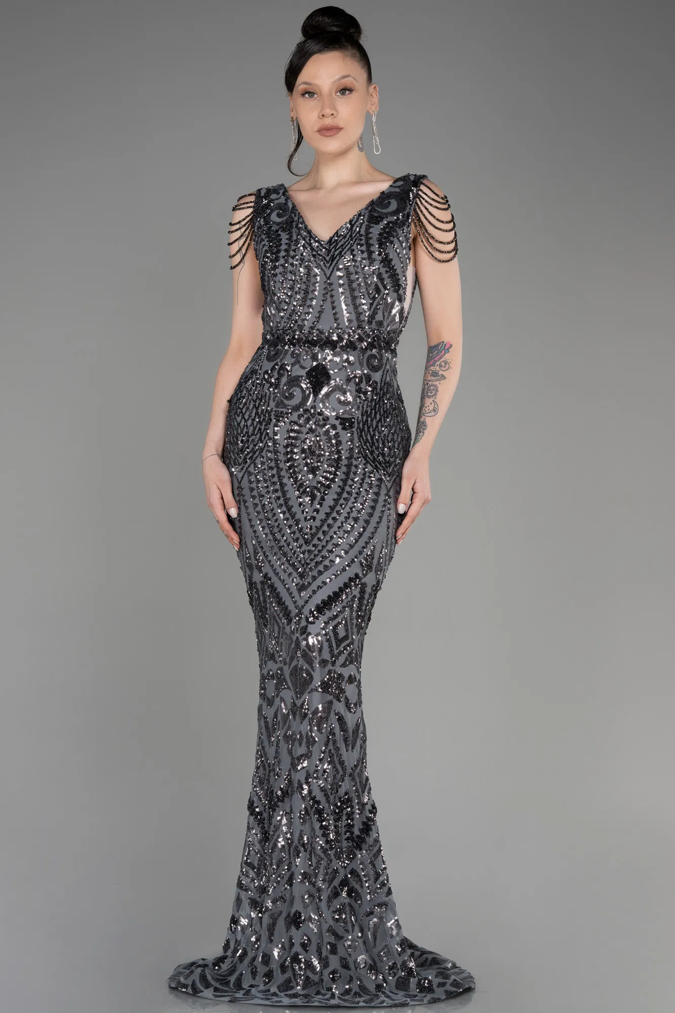 Anthracite-Long Scaly Mermaid Evening Dress ABU3842