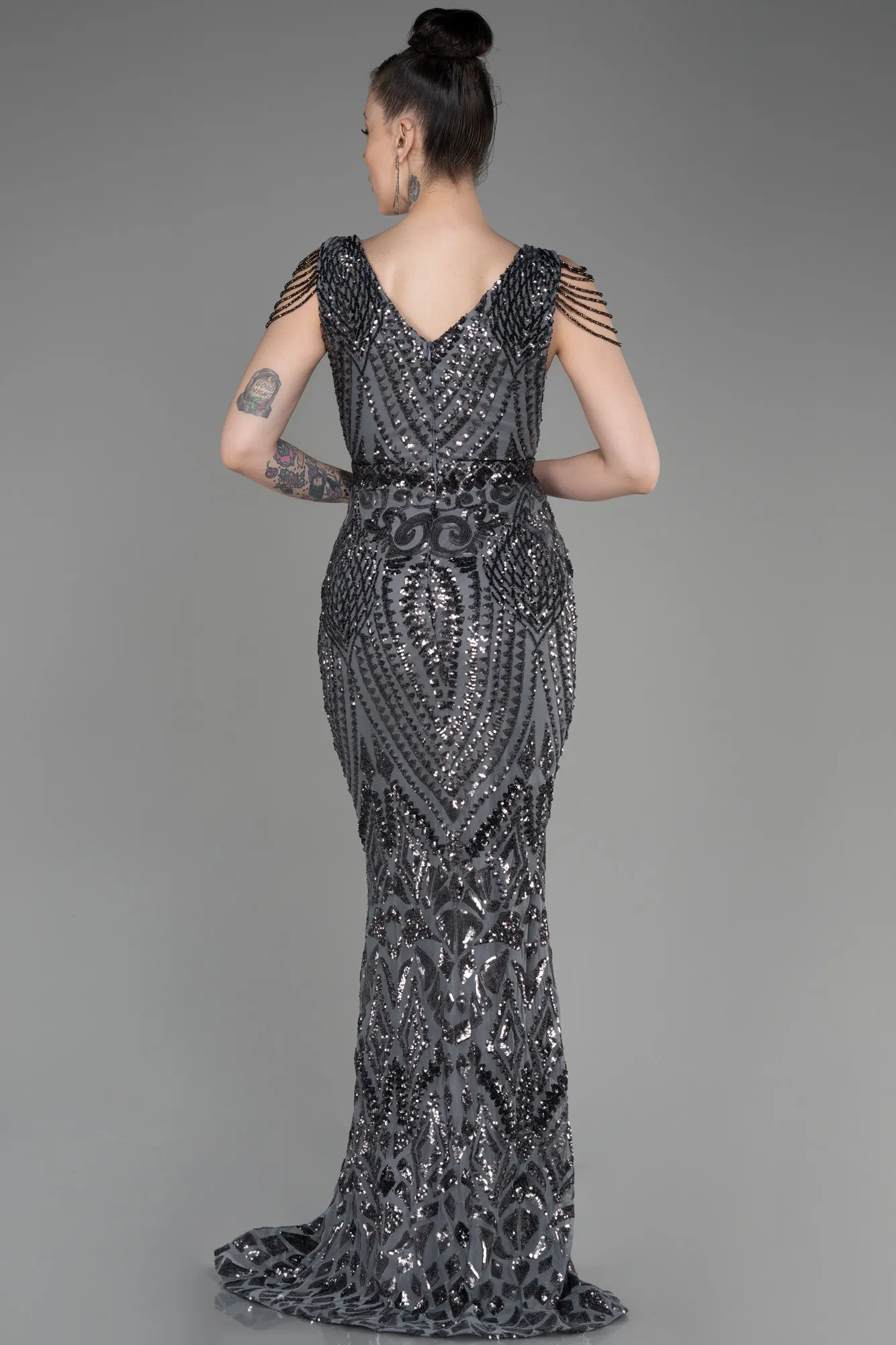 Anthracite-Long Scaly Mermaid Evening Dress ABU3842