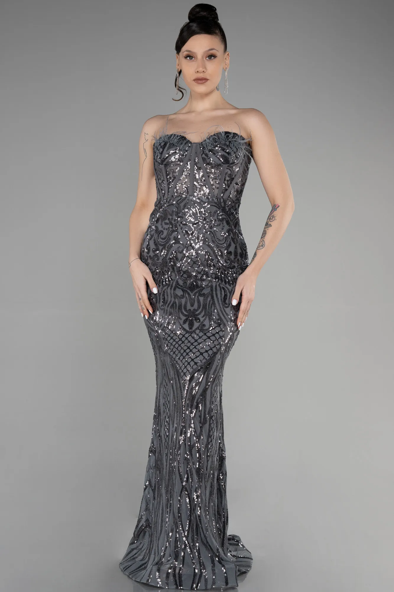 Anthracite-Long Scaly Mermaid Prom Dress ABU3550