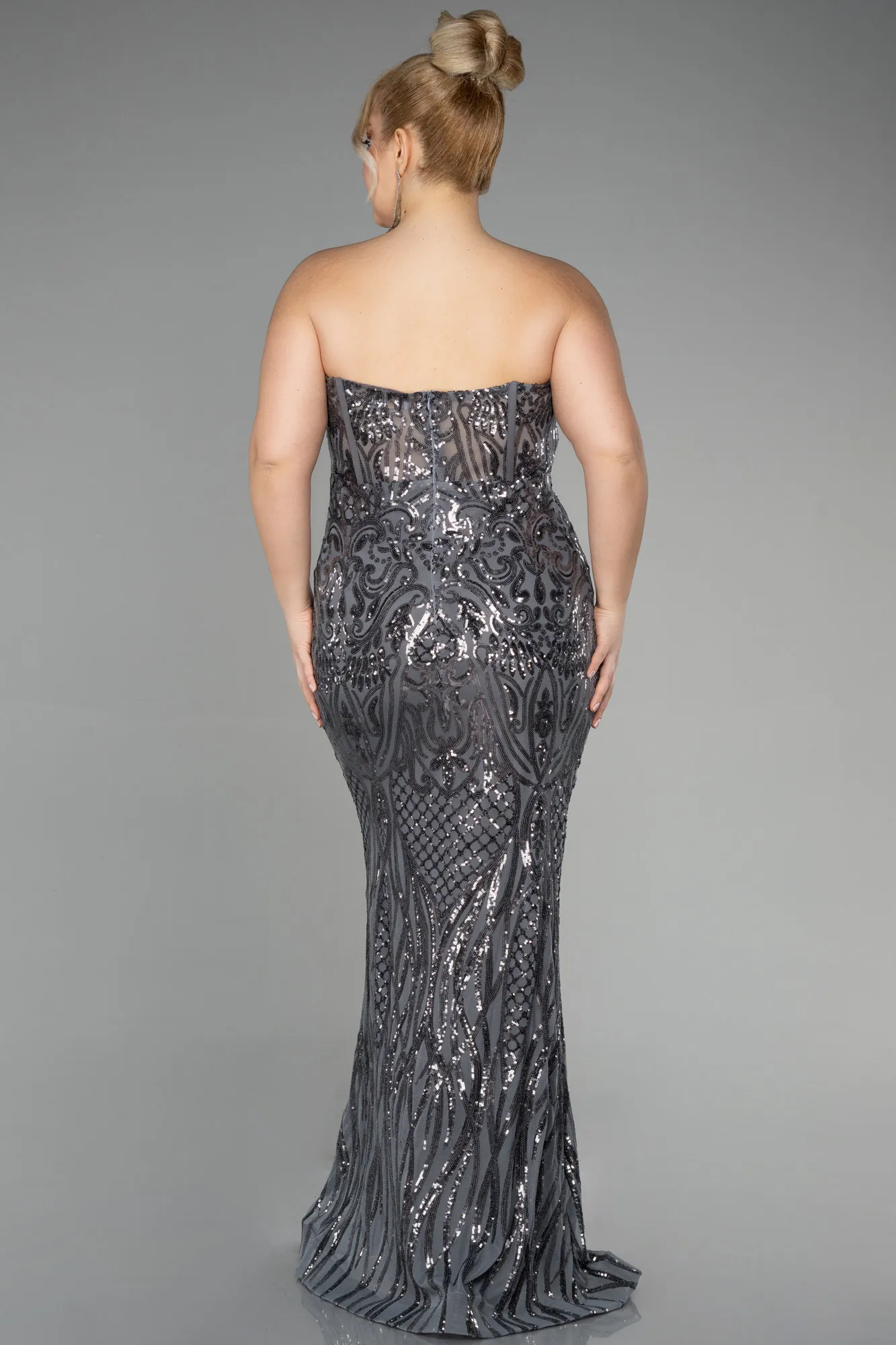 Anthracite-Long Scaly Plus Size Engagement Dress ABU3552