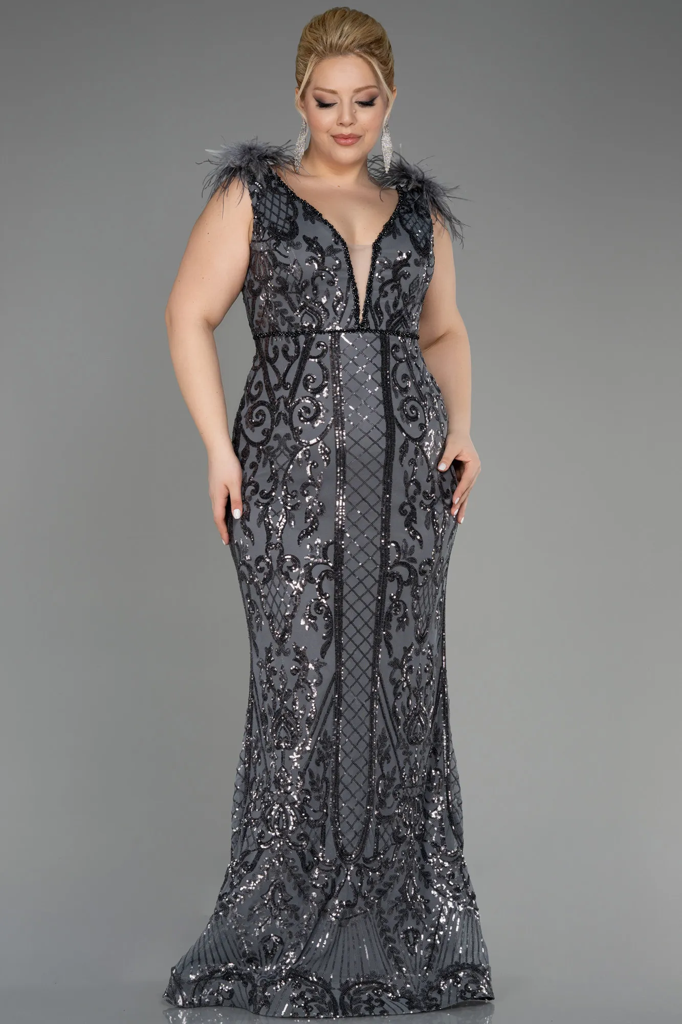 Anthracite-Long Scaly Plus Size Engagement Dress ABU3671