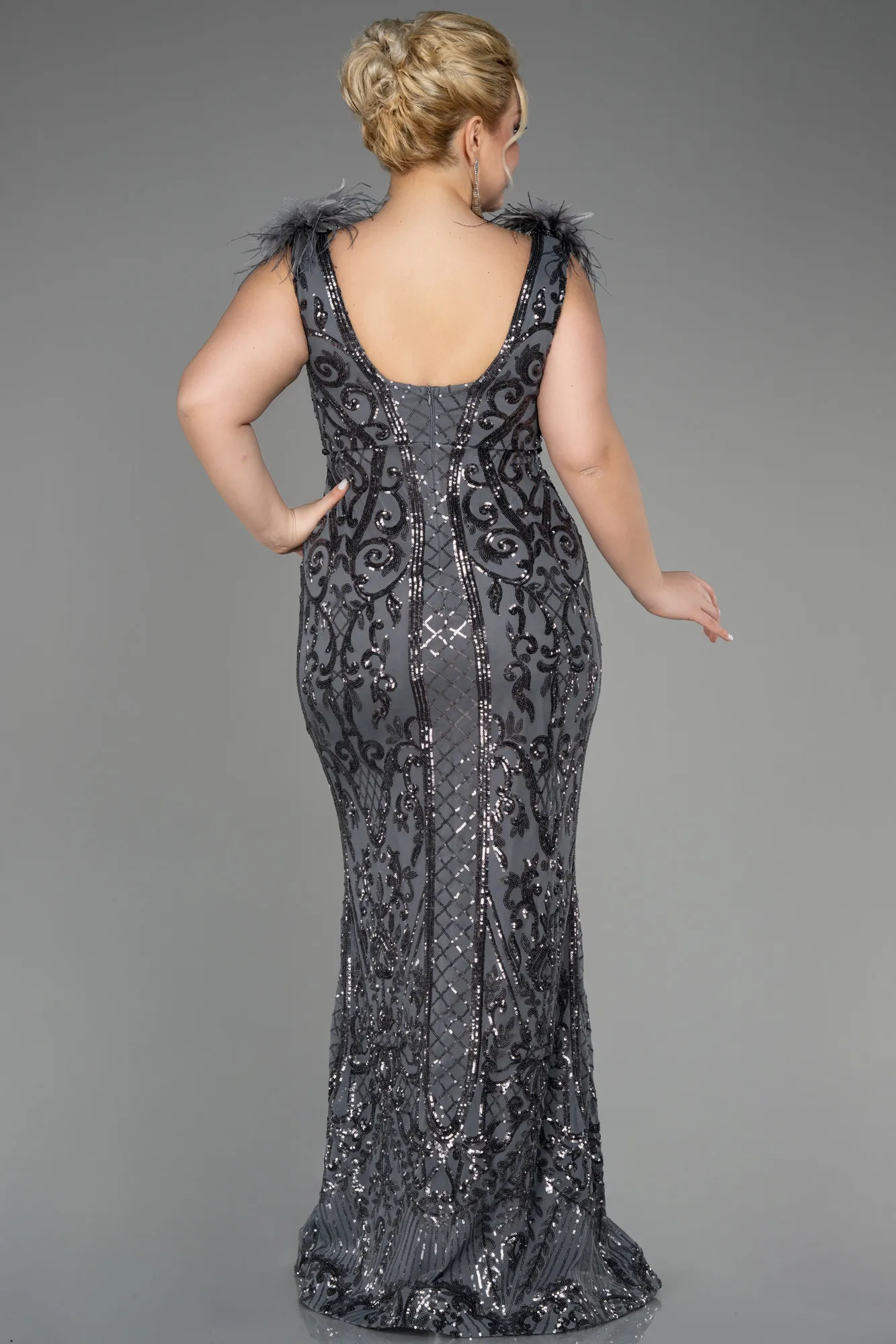 Anthracite-Long Scaly Plus Size Engagement Dress ABU3671