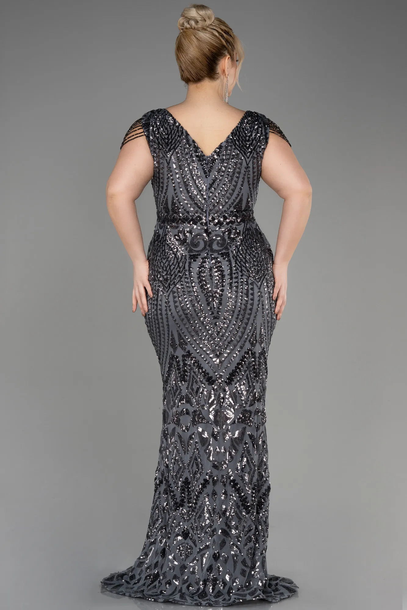 Anthracite-Long Scaly Plus Size Evening Dress ABU3845