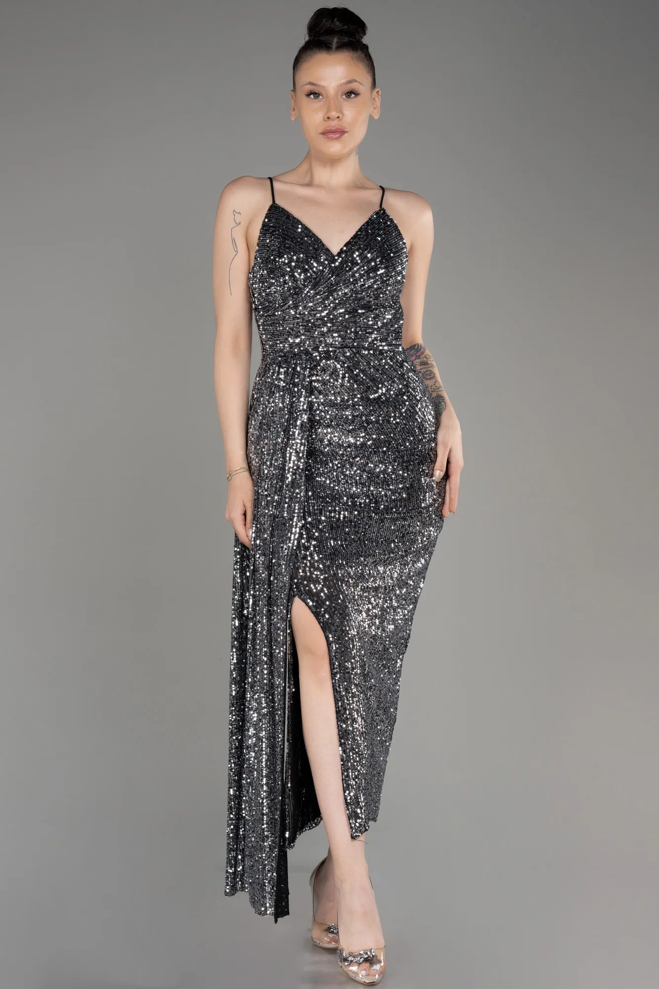 Anthracite-Midi Scaly Cocktail Dress ABK2071