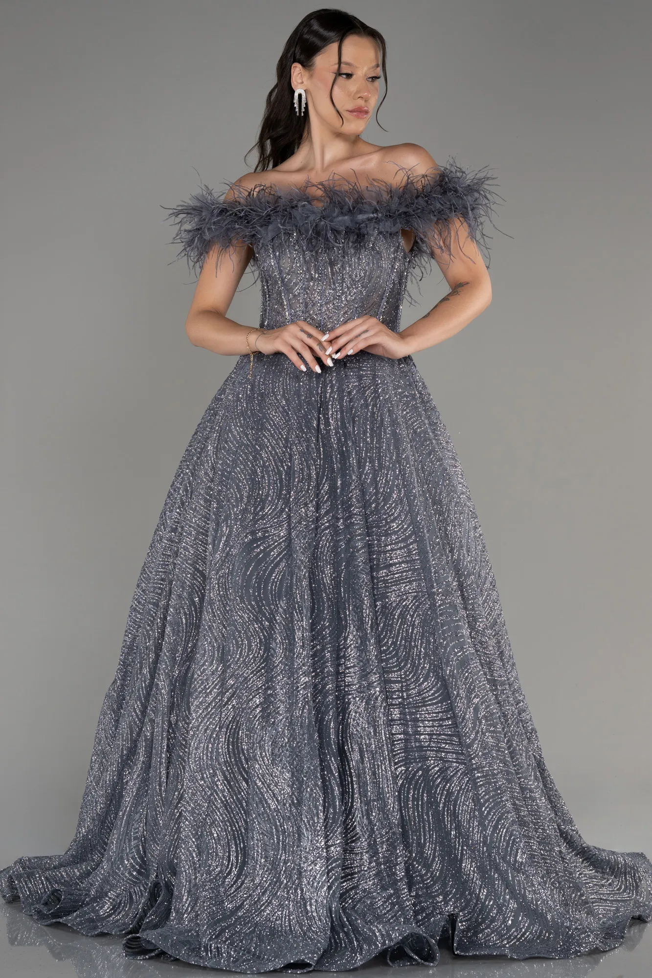 Anthracite-Off The Shoulder Long Silvery Ball Gown ABU4009