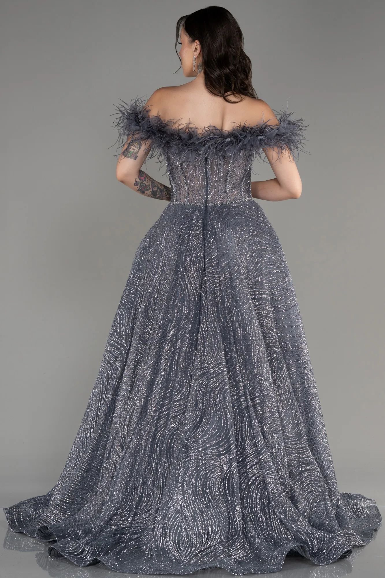 Anthracite-Off The Shoulder Long Silvery Ball Gown ABU4009