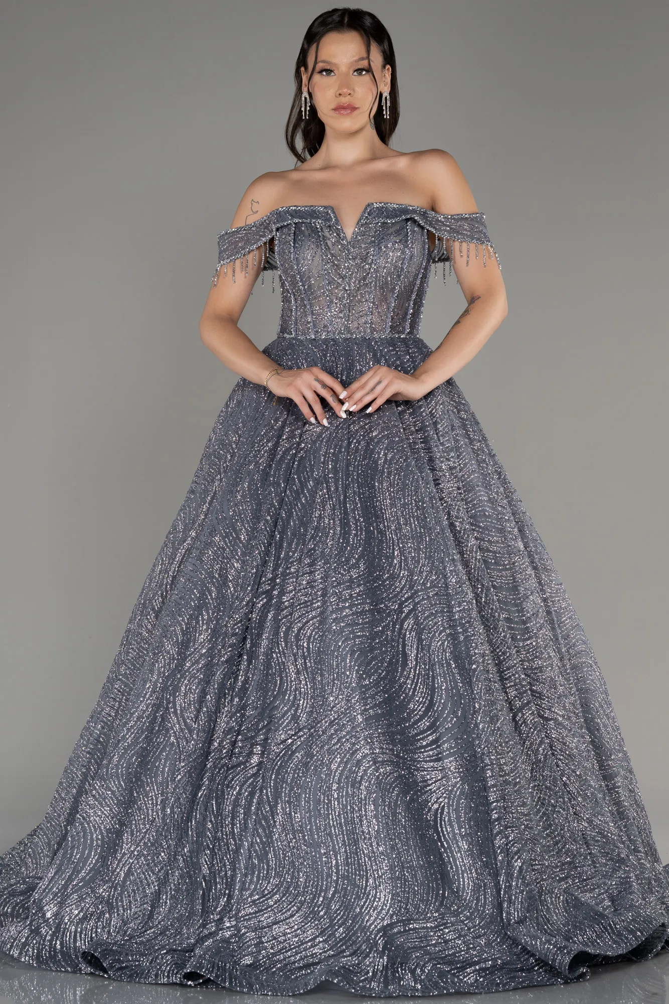 Anthracite-Off The Shoulder Long Silvery Ball Gown ABU4010