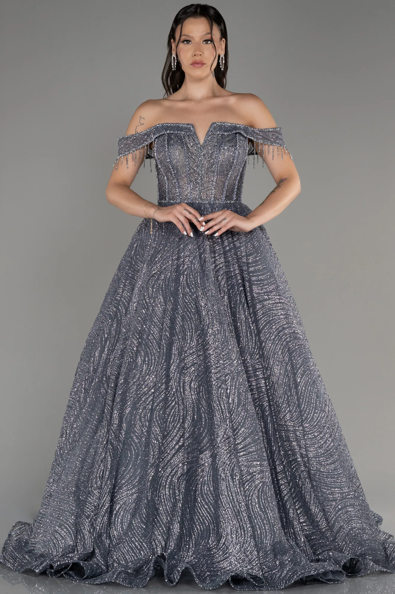 Anthracite-Off The Shoulder Long Silvery Ball Gown ABU4010