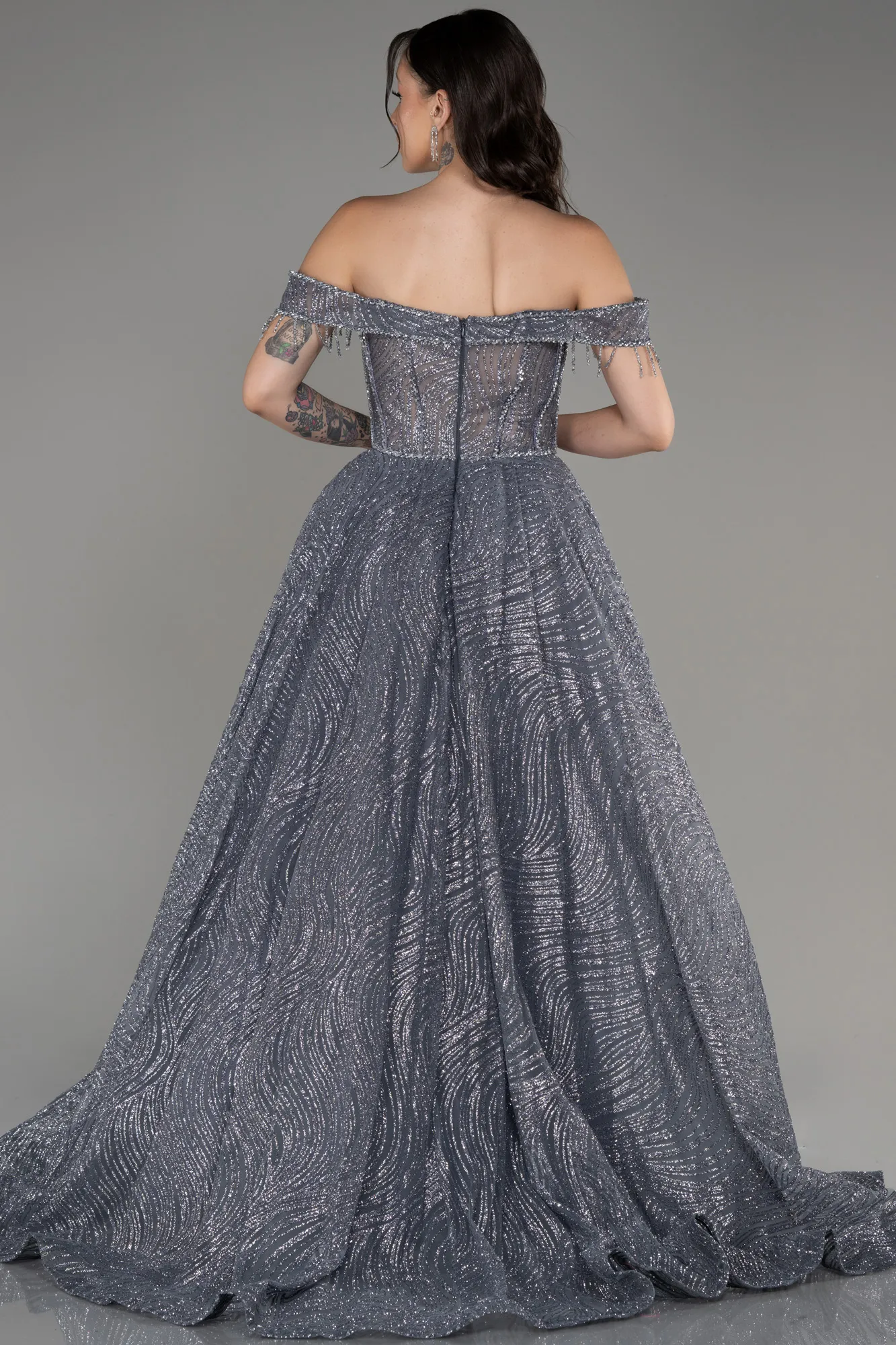 Anthracite-Off The Shoulder Long Silvery Ball Gown ABU4010