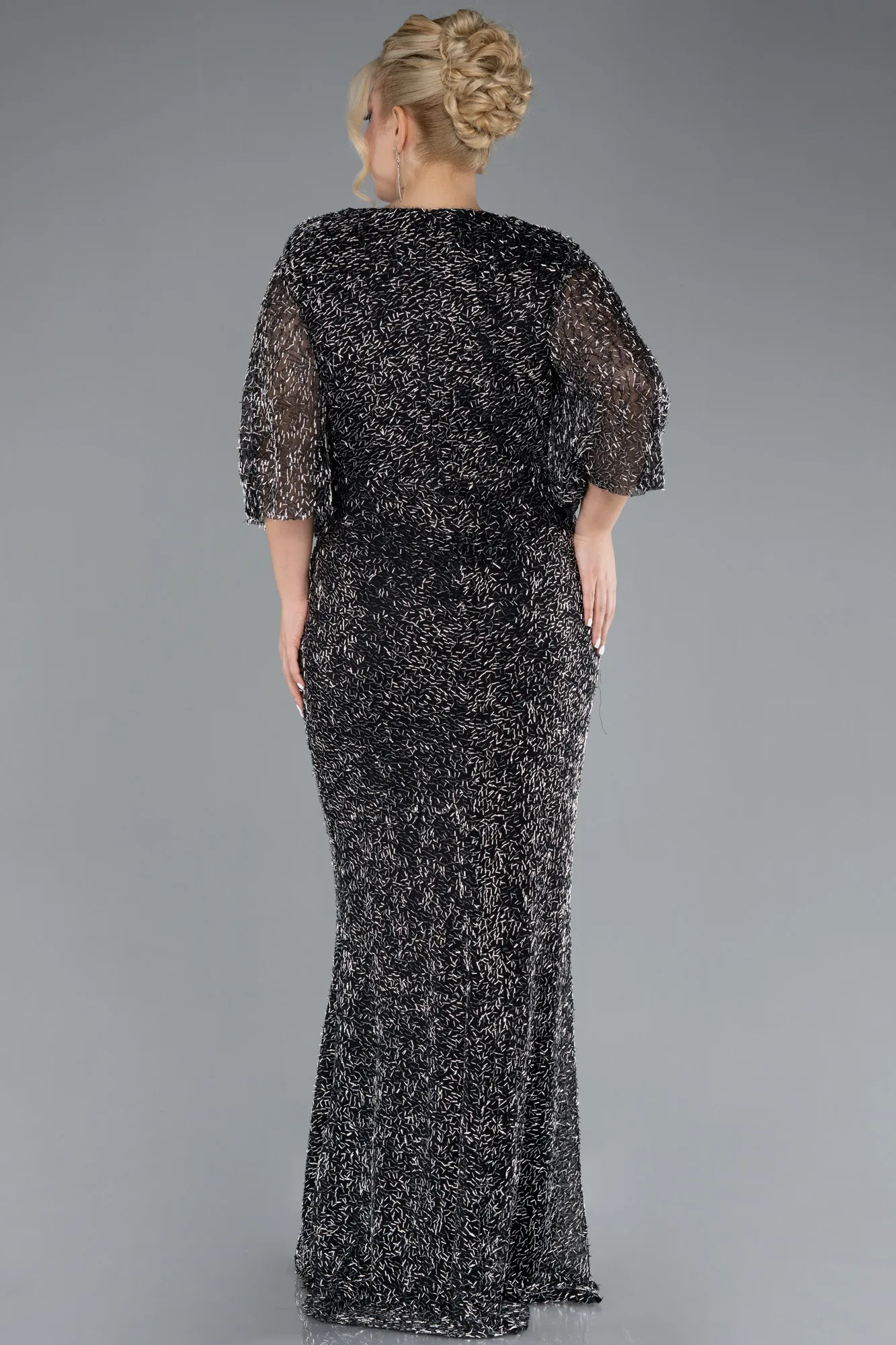 Anthracite-Short Sleeve Beaded Long Plus Size Evening Gown ABU4390