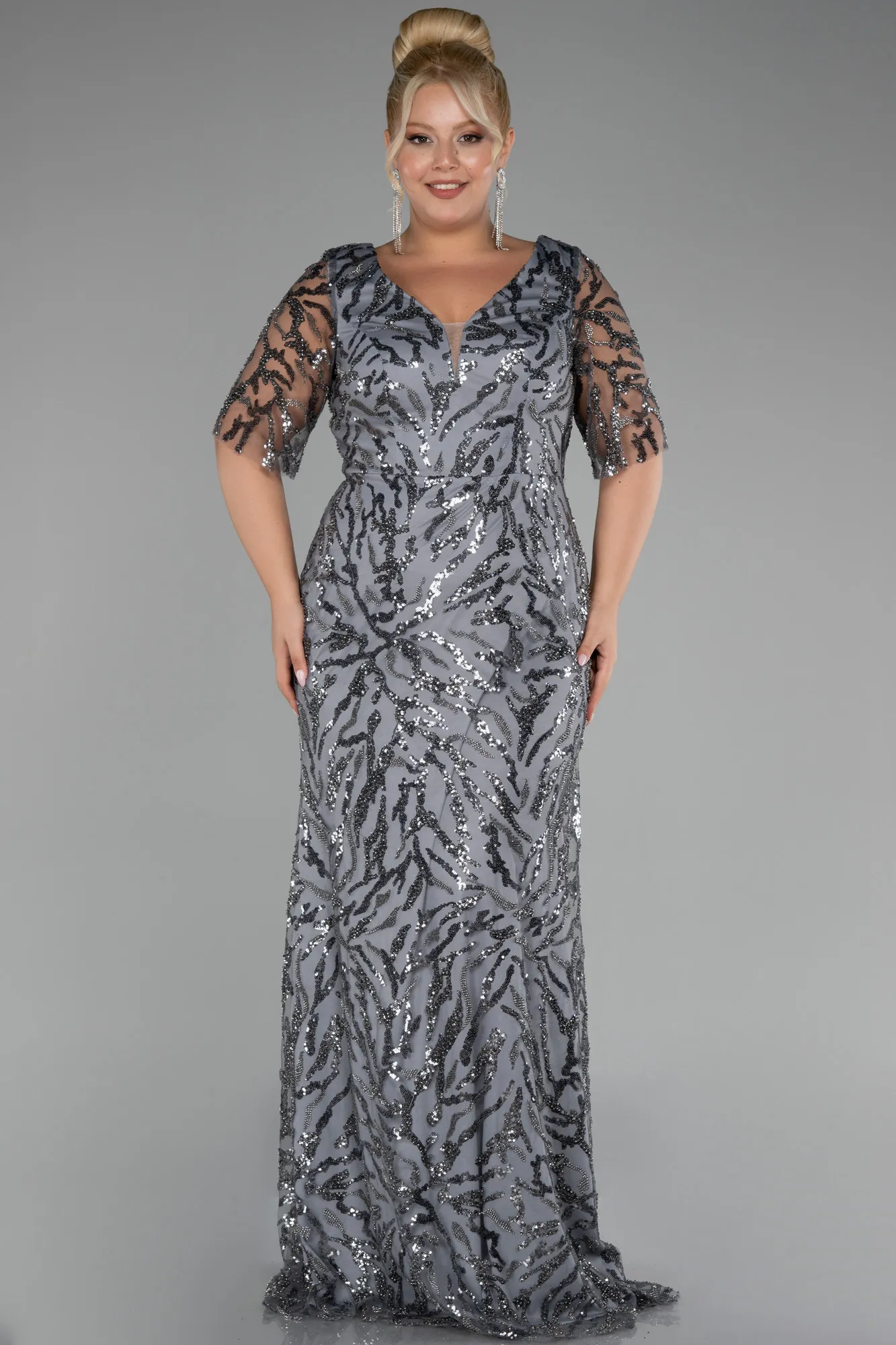 Anthracite-Short Sleeve Long Scaly Plus Size Evening Gown ABU4201