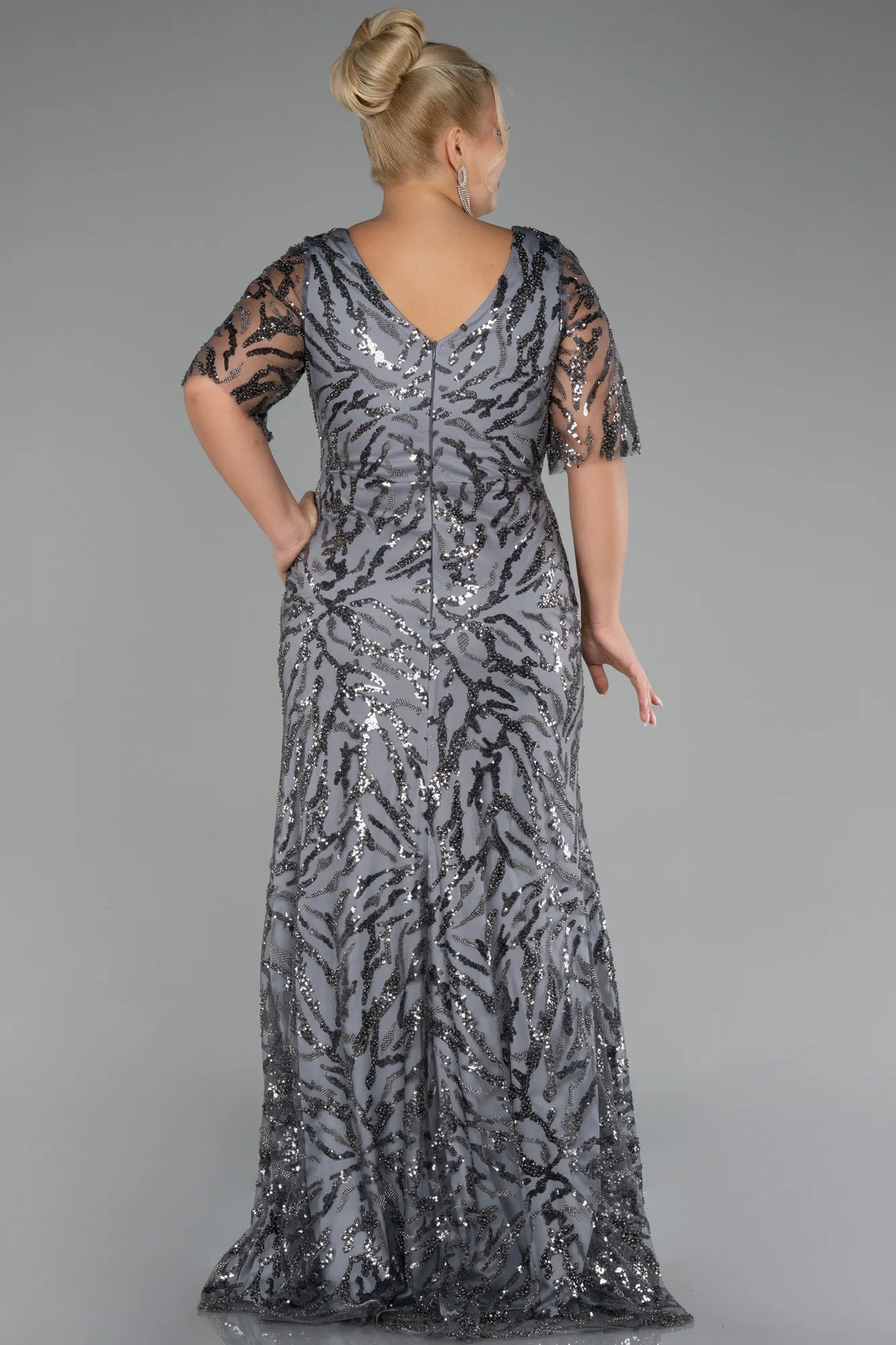 Anthracite-Short Sleeve Long Scaly Plus Size Evening Gown ABU4201