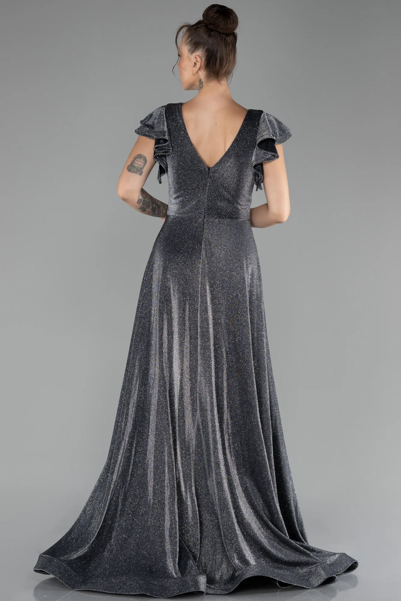 Anthracite-Short Sleeve Silvery Long Evening Dress ABU4301