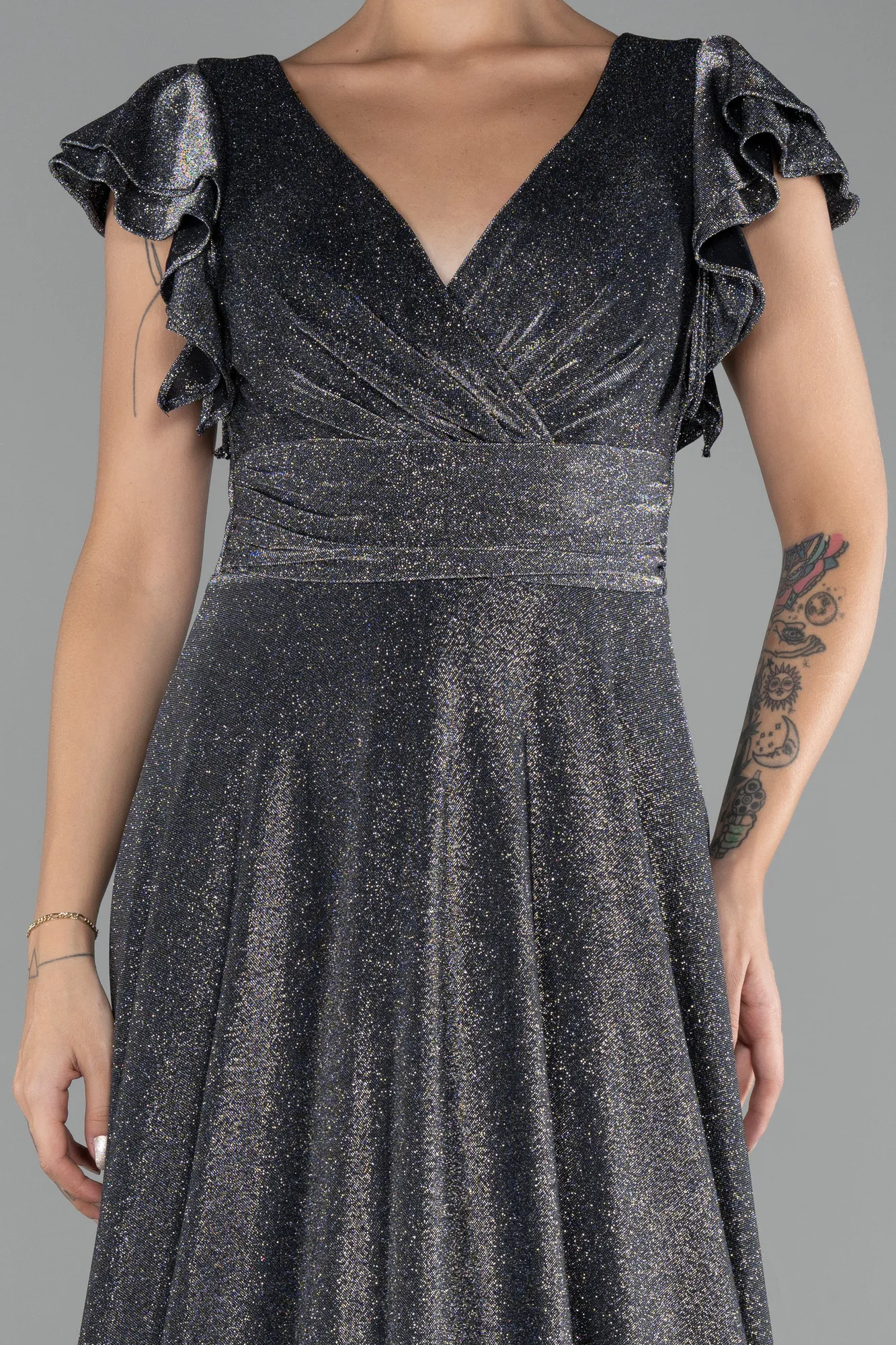 Anthracite-Short Sleeve Silvery Long Evening Dress ABU4301