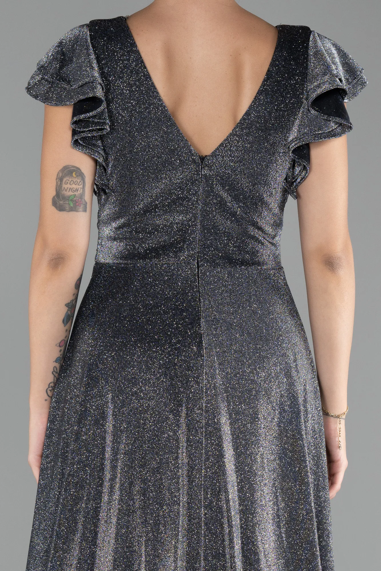 Anthracite-Short Sleeve Silvery Long Evening Dress ABU4301