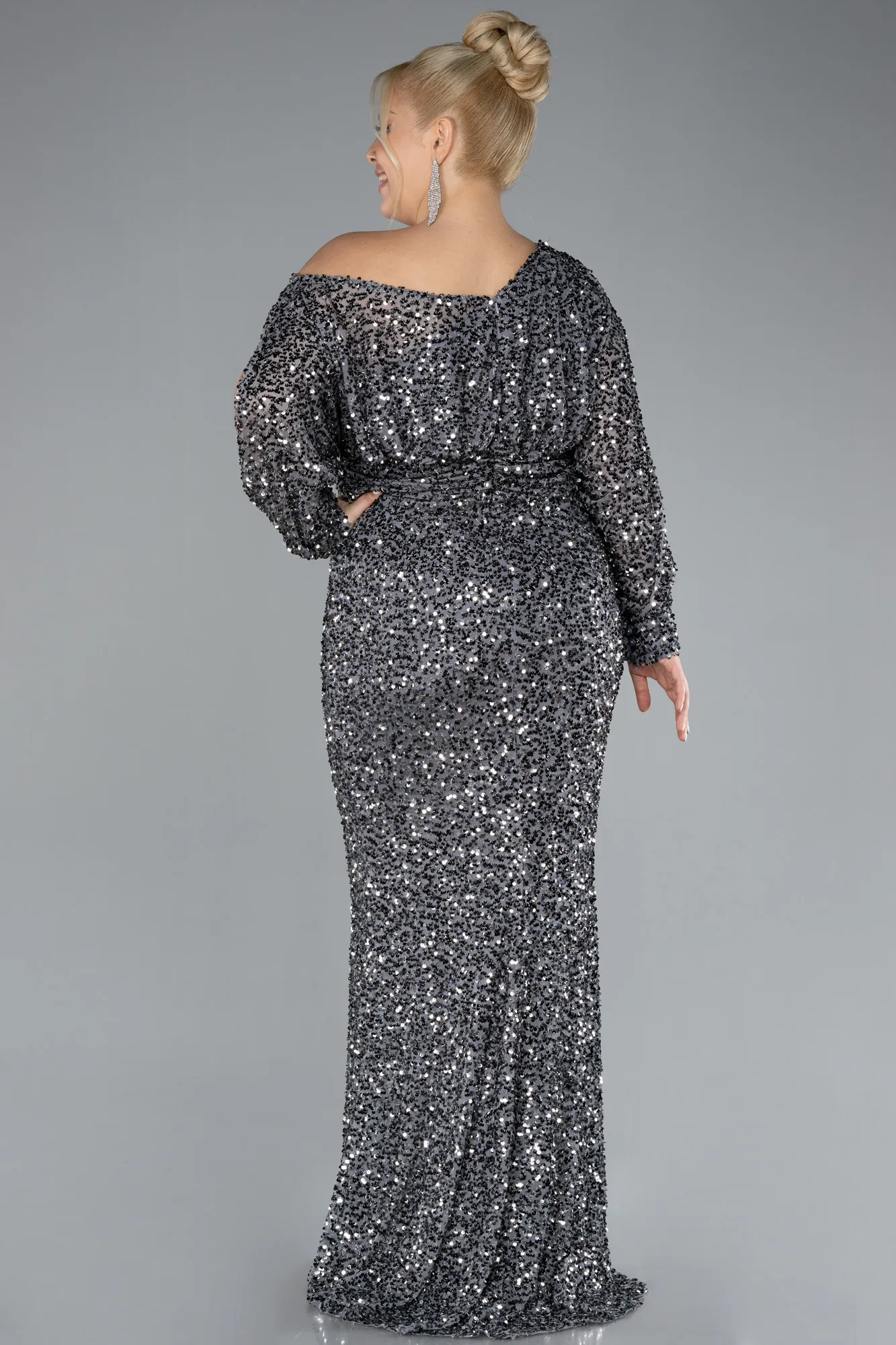 Anthracite-Slit Long Sleeve Scaly Plus Size Evening Gown ABU4313