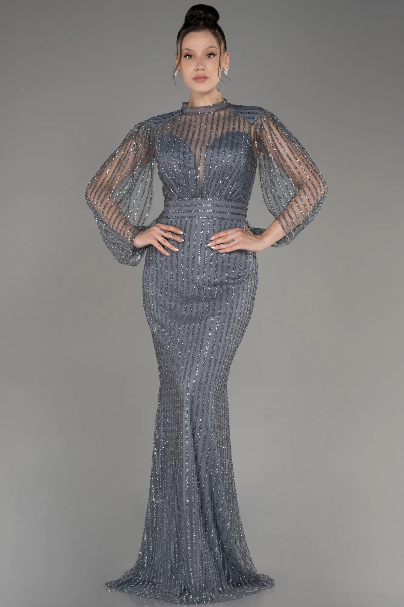 Anthracite-Stoned Long Evening Gown ABU3981