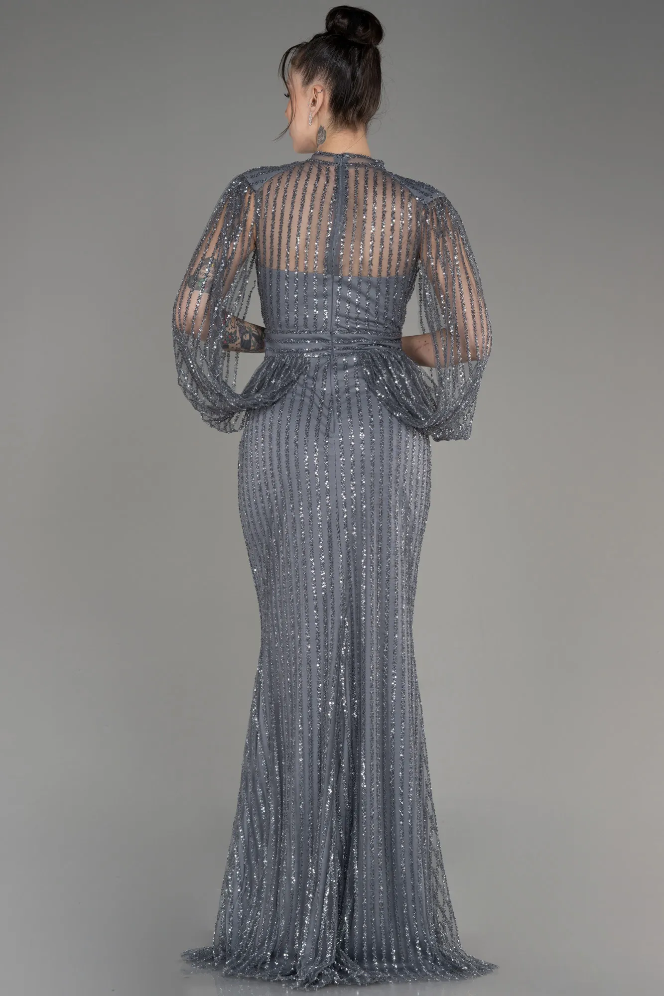 Anthracite-Stoned Long Evening Gown ABU3981