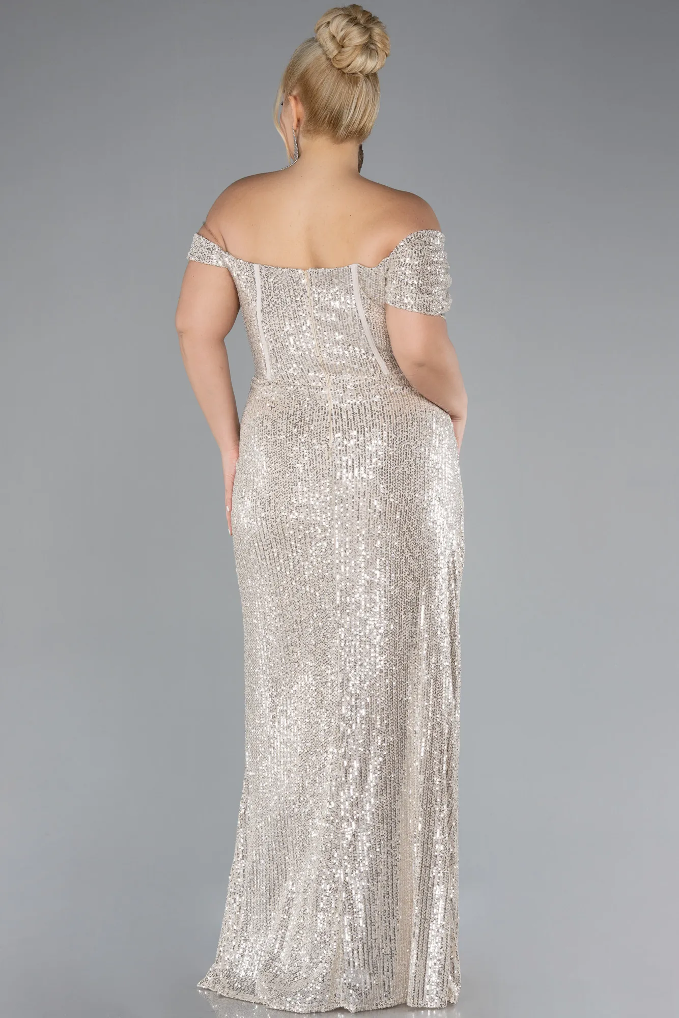 Beige-Boat Neck Long Sequined Evening Gown ABU4315