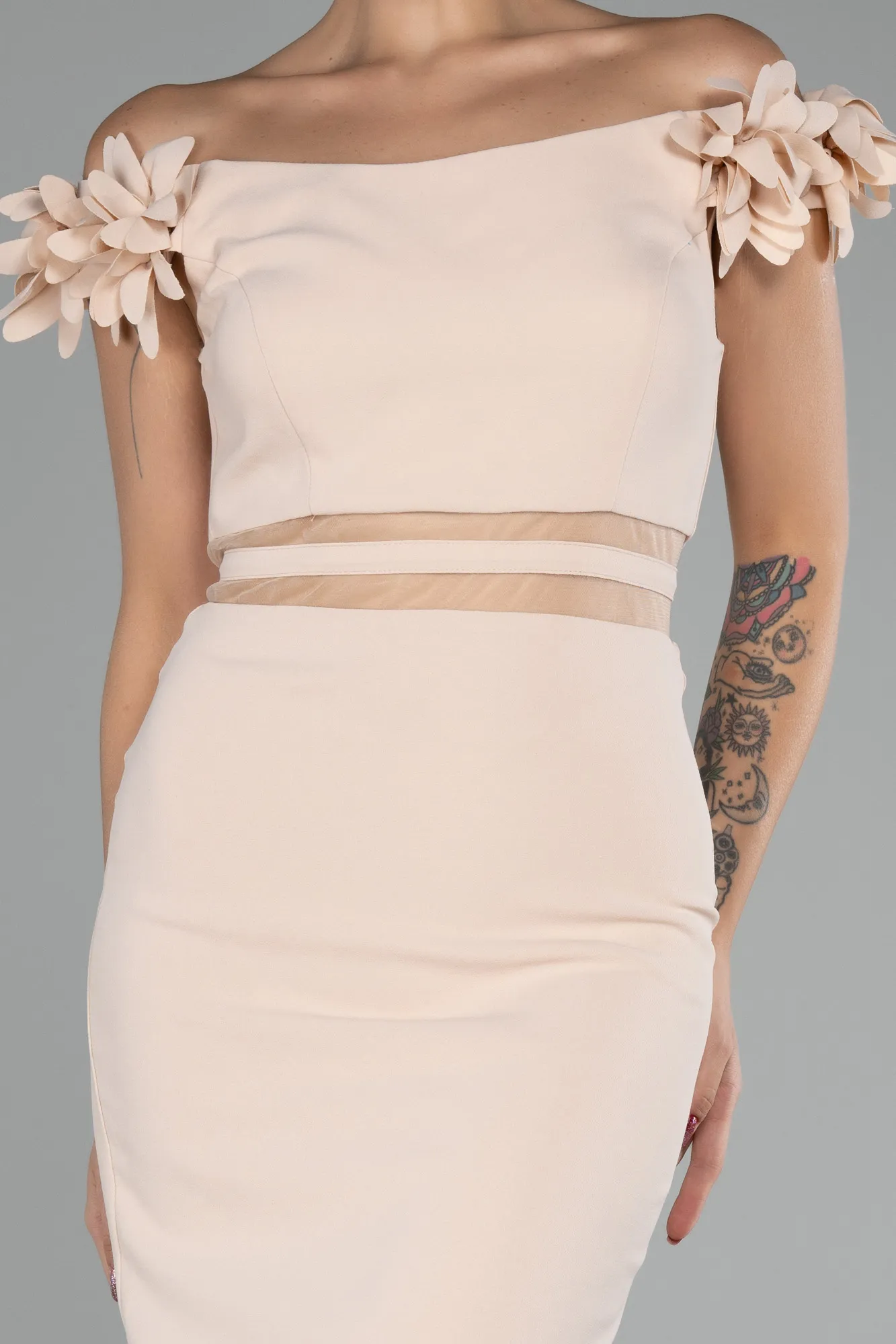 Beige-Boat Neck Short Cocktail Dress ABK2120