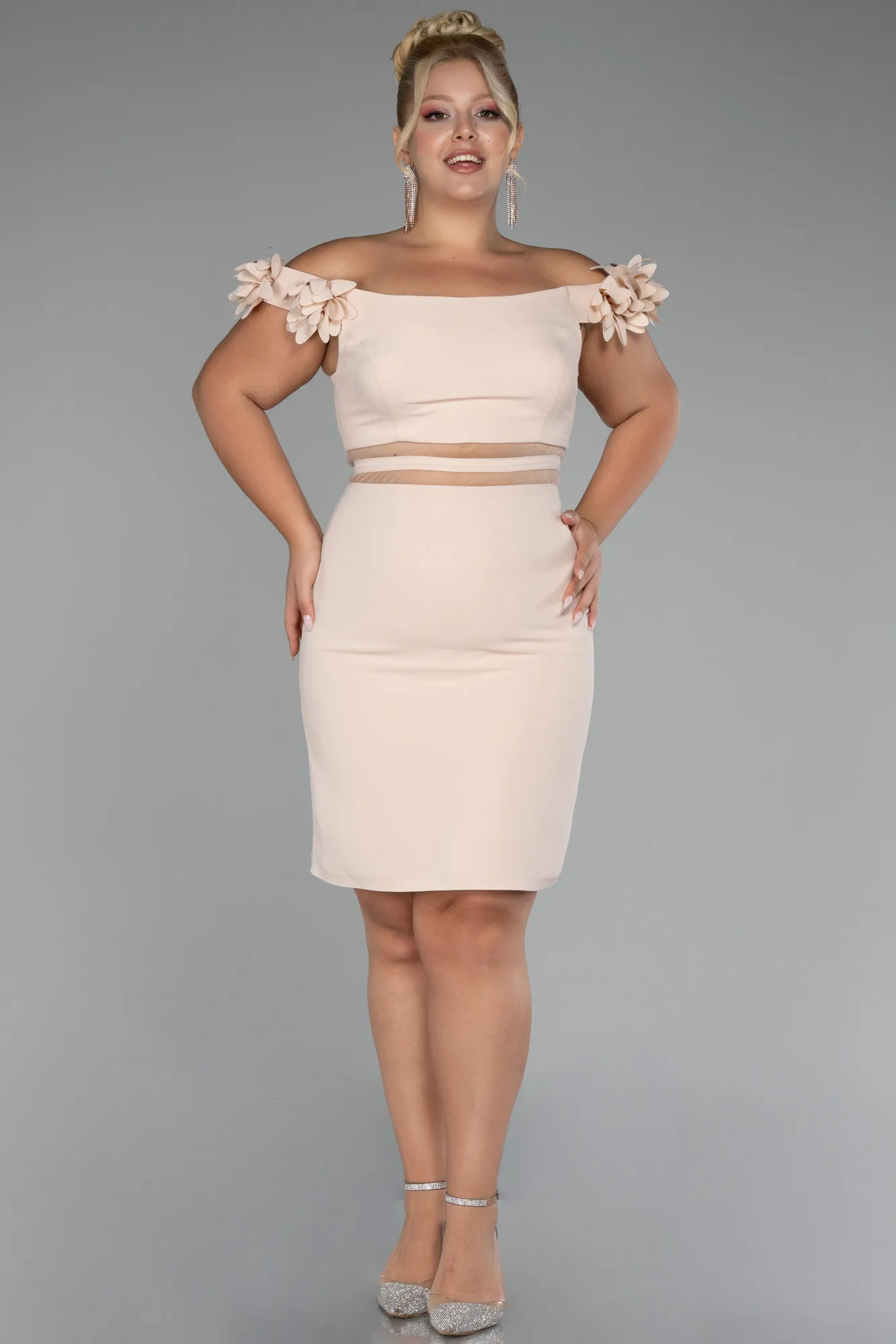 Beige-Boat Neck Short Plus Size Cocktail Dress ABK2121