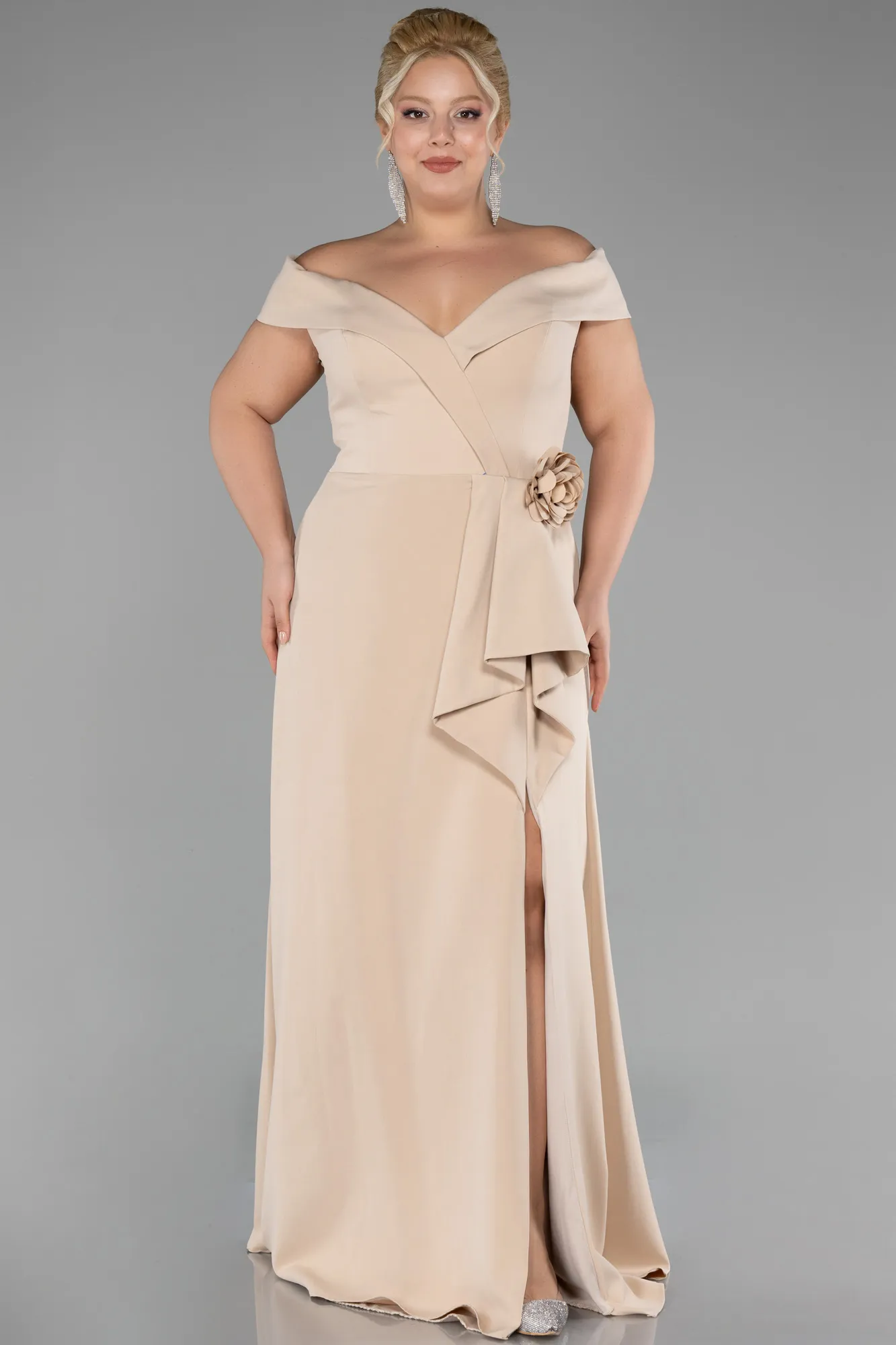 Beige-Boat Neck Slit Long Plus Size Evening Dress ABU4200