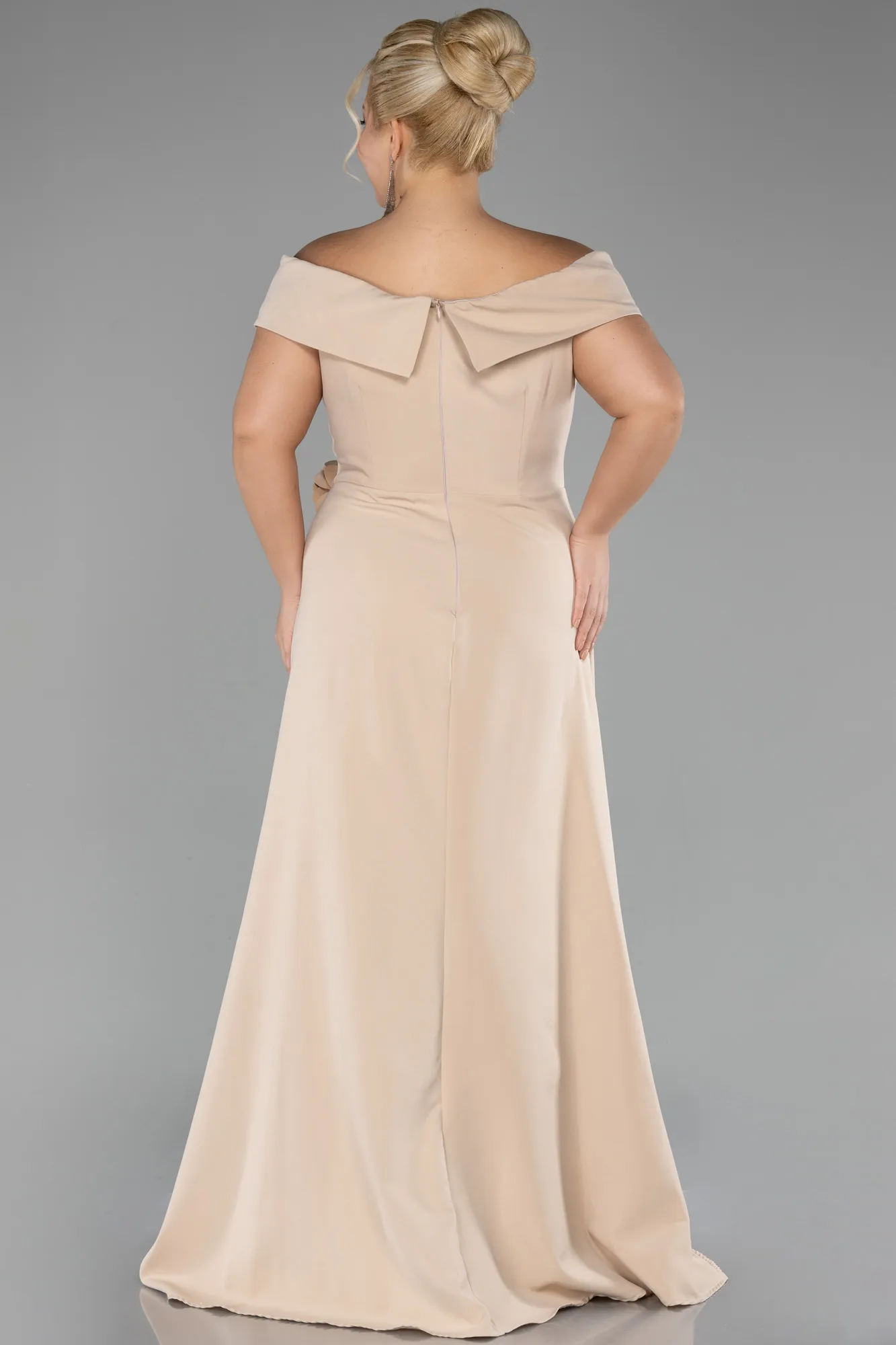 Beige-Boat Neck Slit Long Plus Size Evening Dress ABU4200