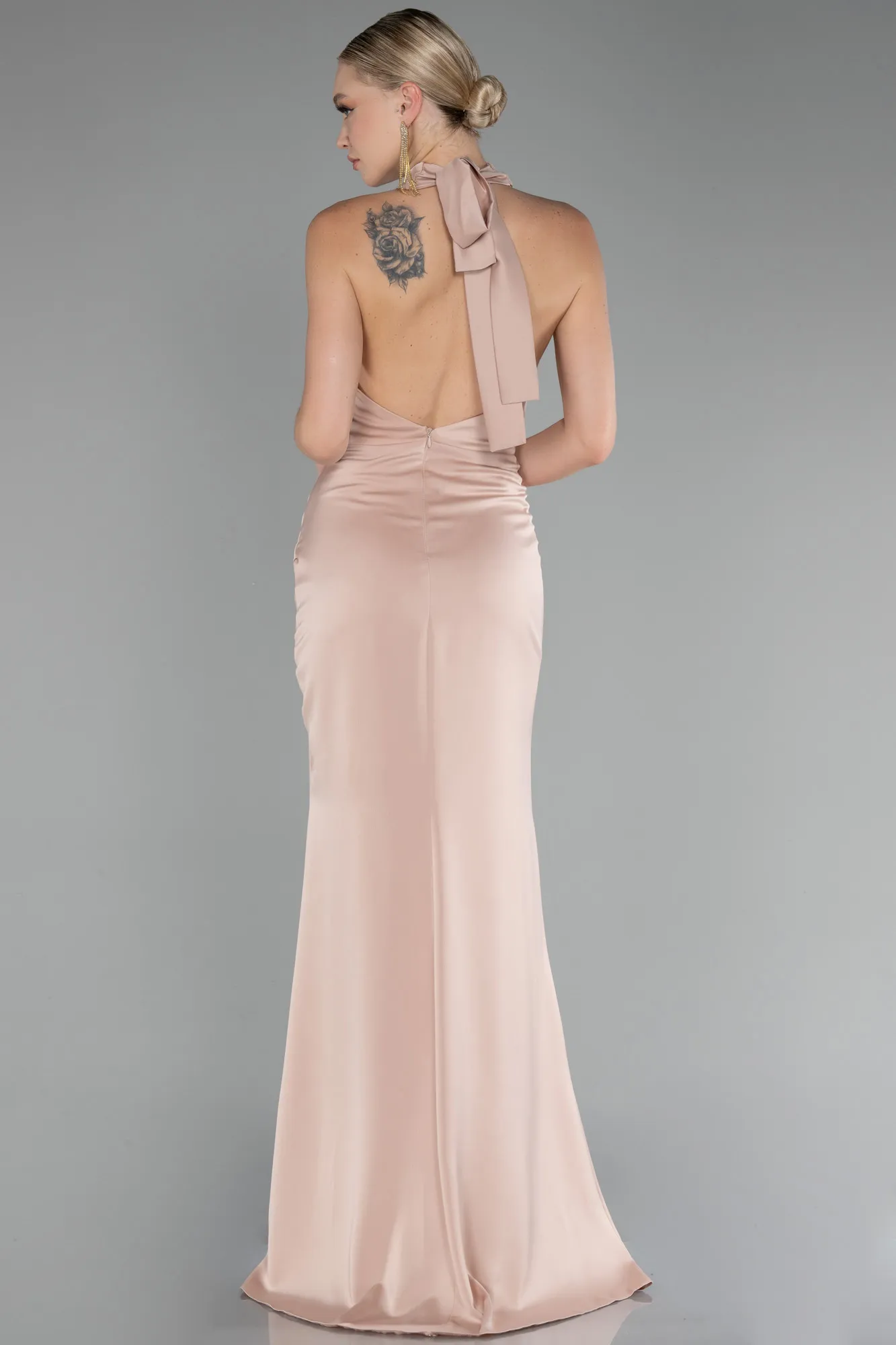 Beige-Halter Neckline Slit Satin Evening Dress ABU4109