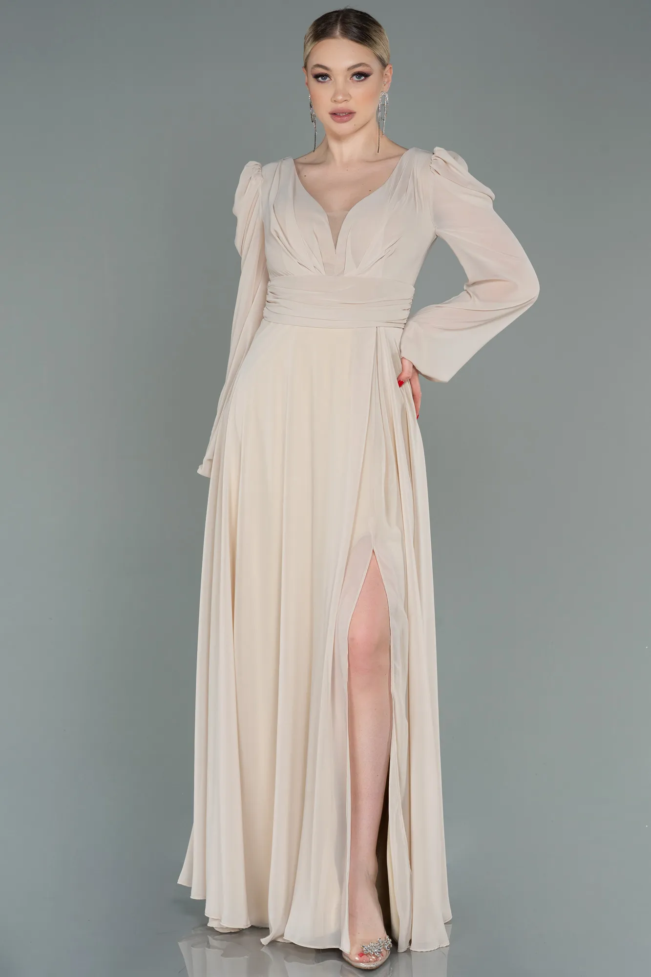 Beige-Long Chiffon Evening Dress ABU3085