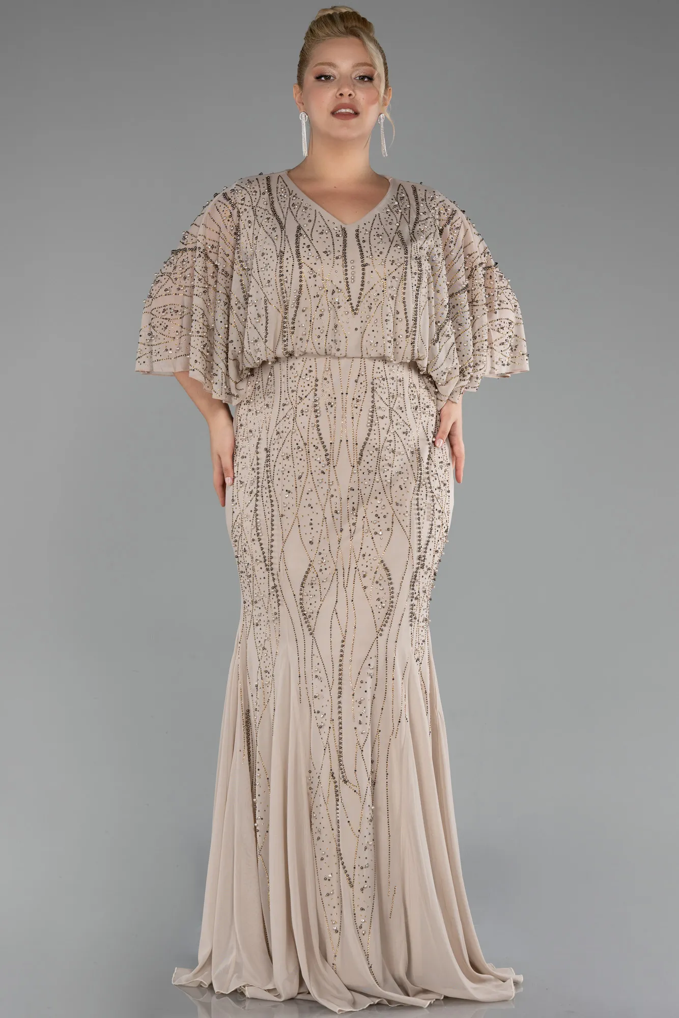 Beige-Long Plus Size Engagement Dress ABU3732