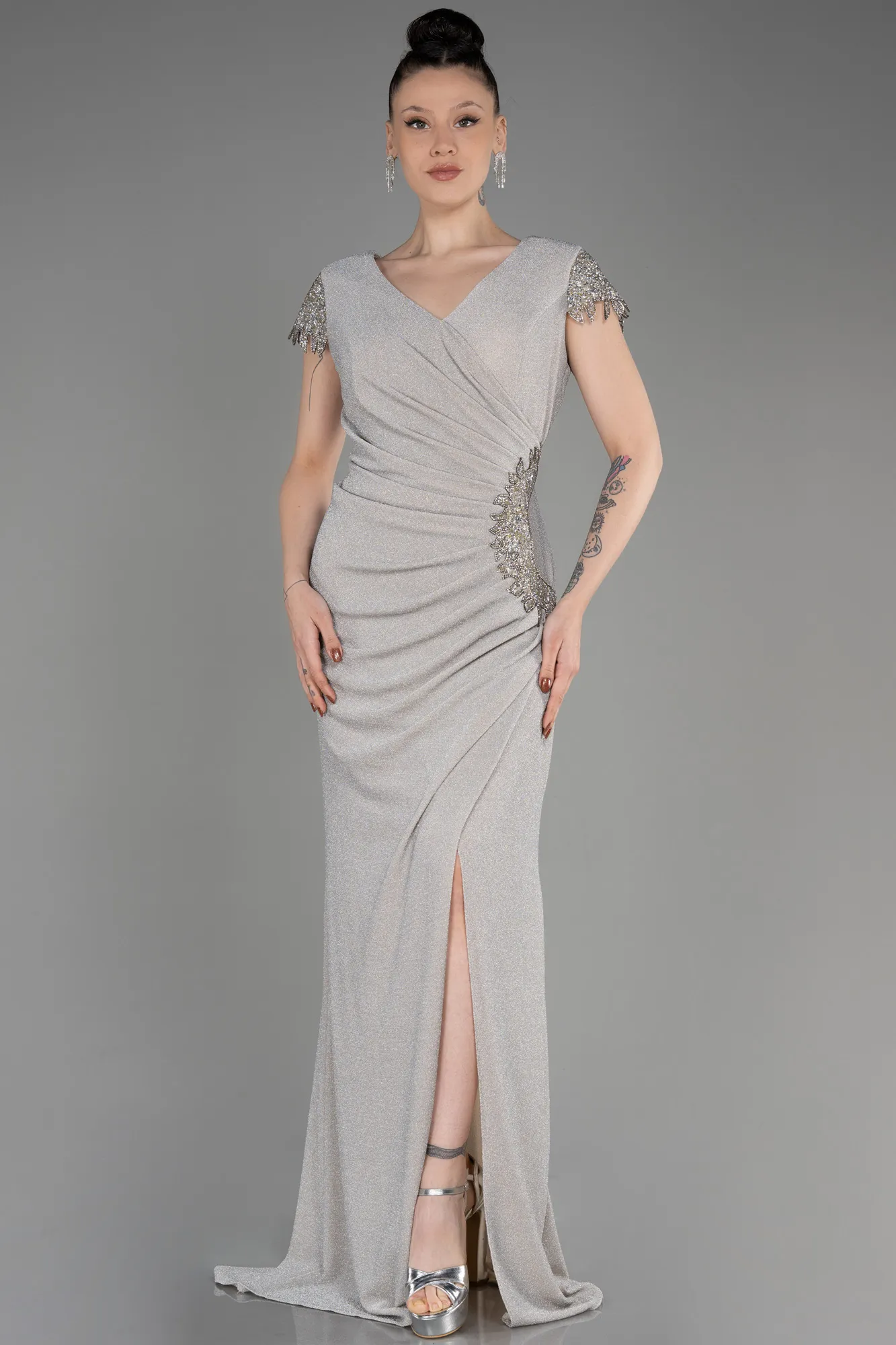Beige-Long Plus Size Evening Dress ABU3558