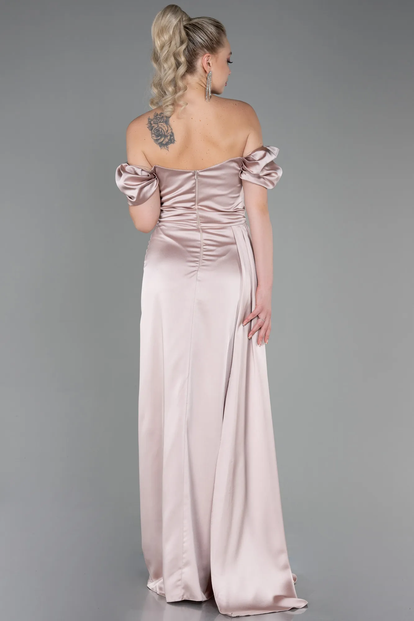 Beige-Long Satin Engagement Dress ABU1606