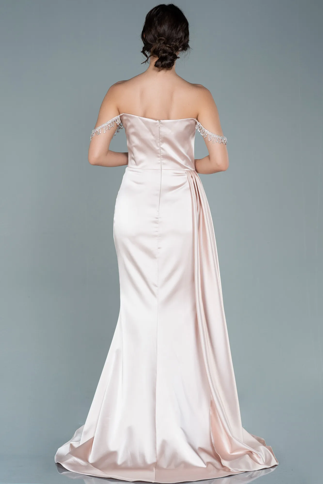 Beige-Long Satin Evening Dress ABU2618