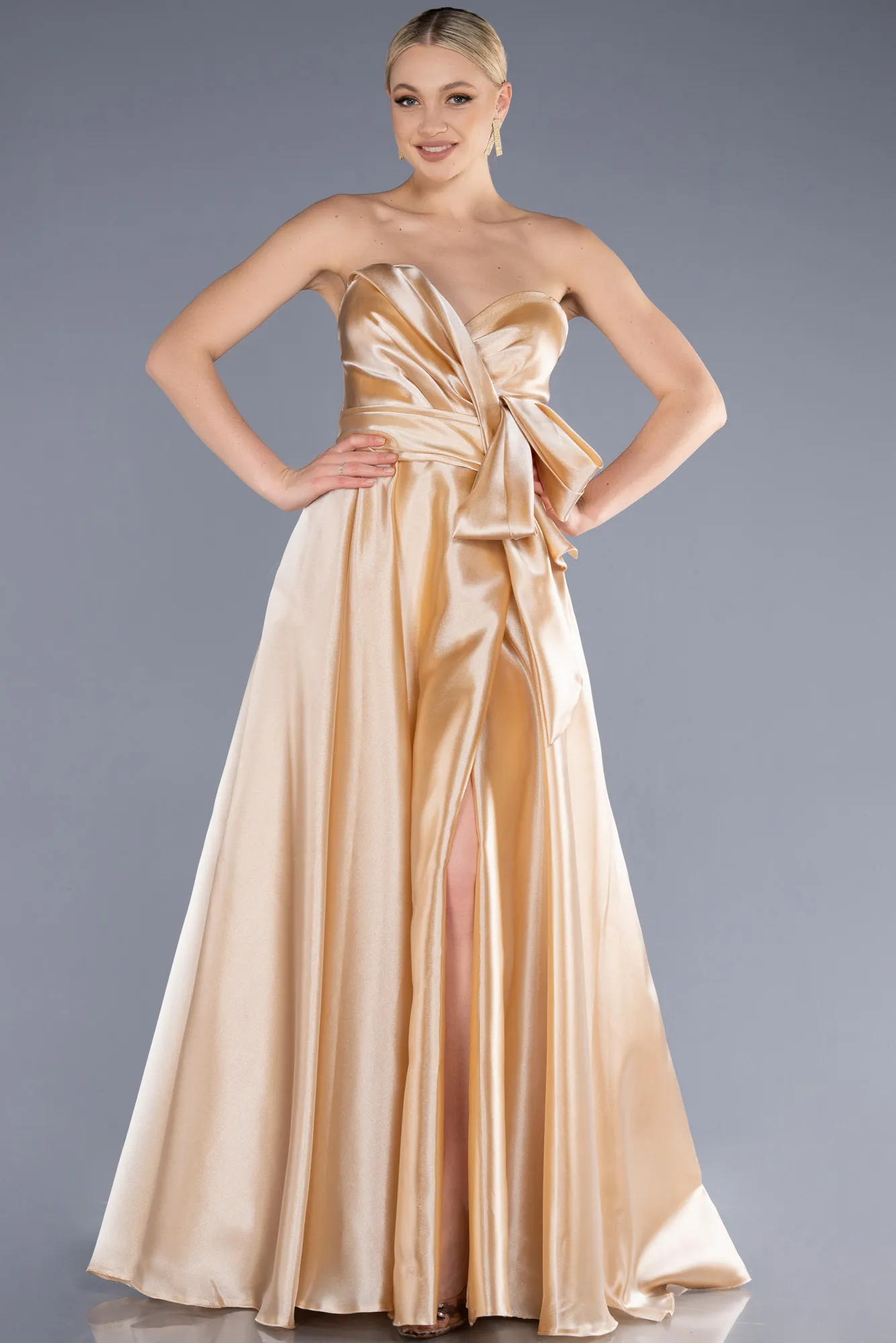 Beige-Long Satin Evening Dress ABU3862