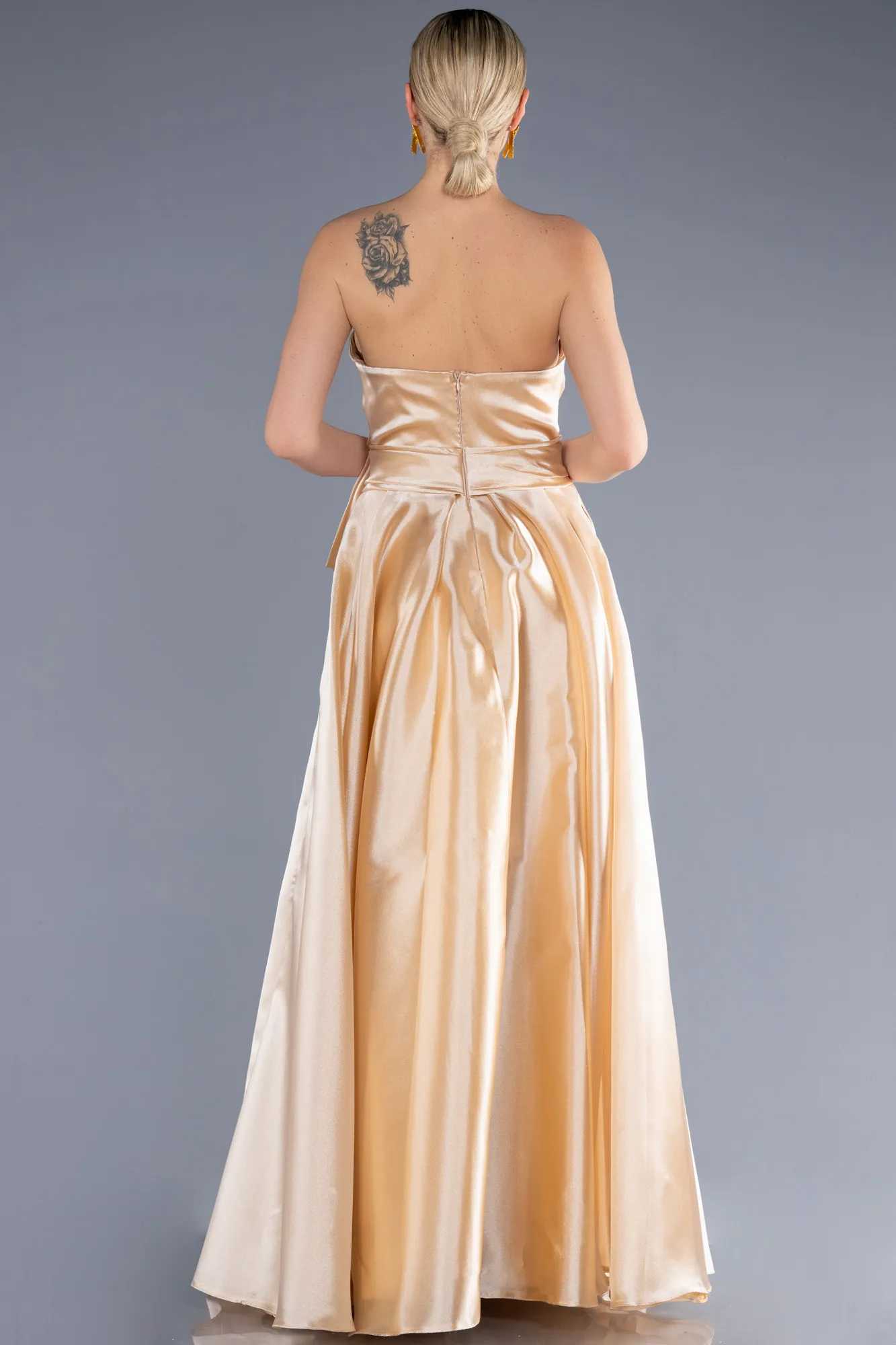 Beige-Long Satin Evening Dress ABU3862