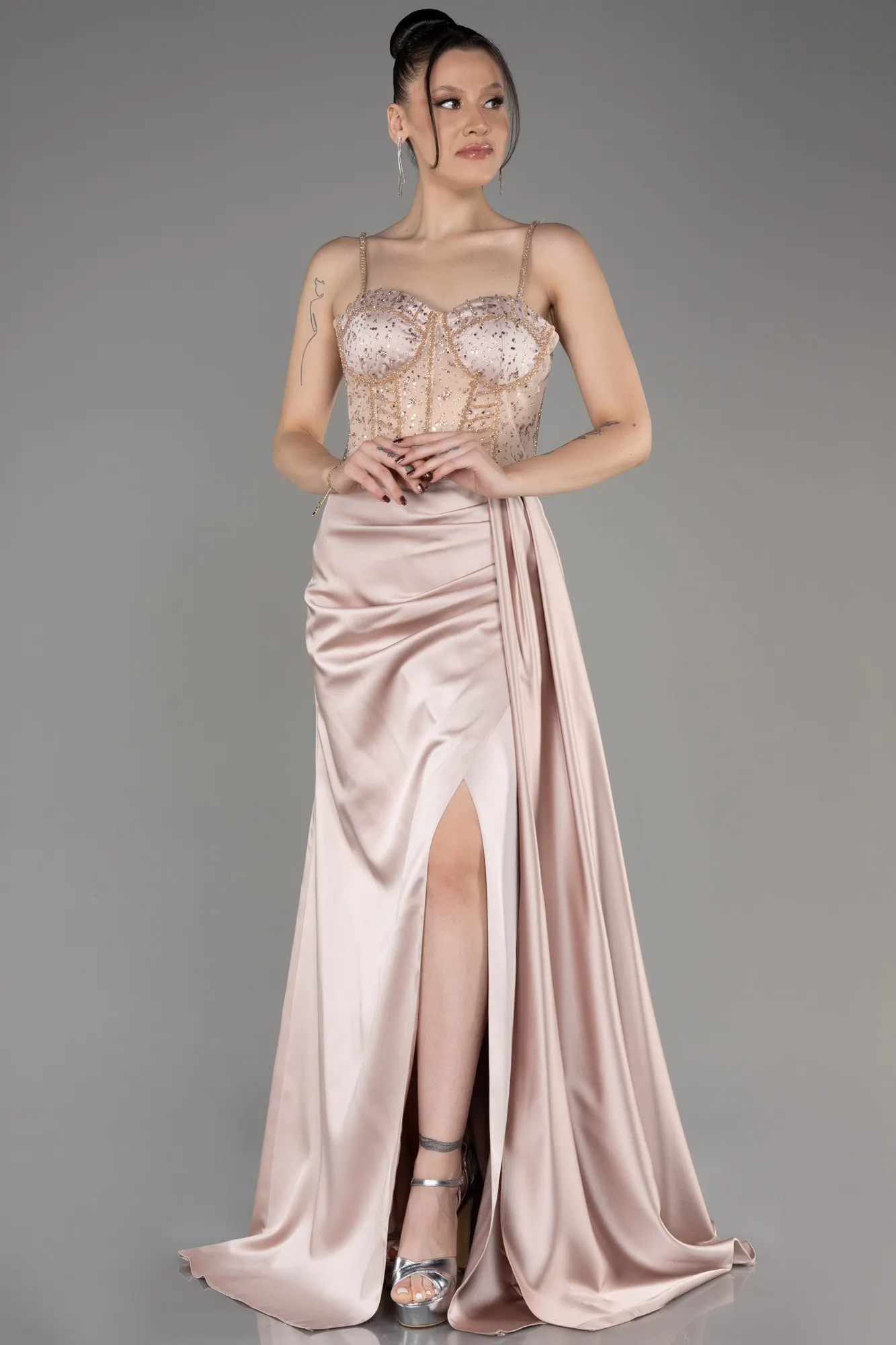 Beige-Long Satin Evening Dress ABU3875