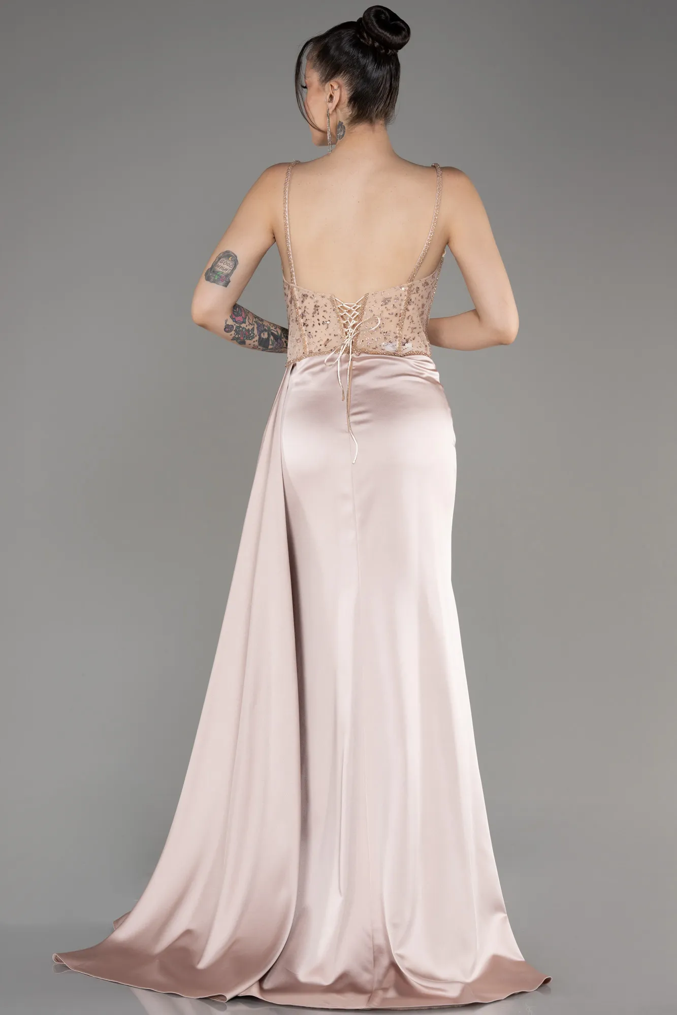 Beige-Long Satin Evening Dress ABU3875