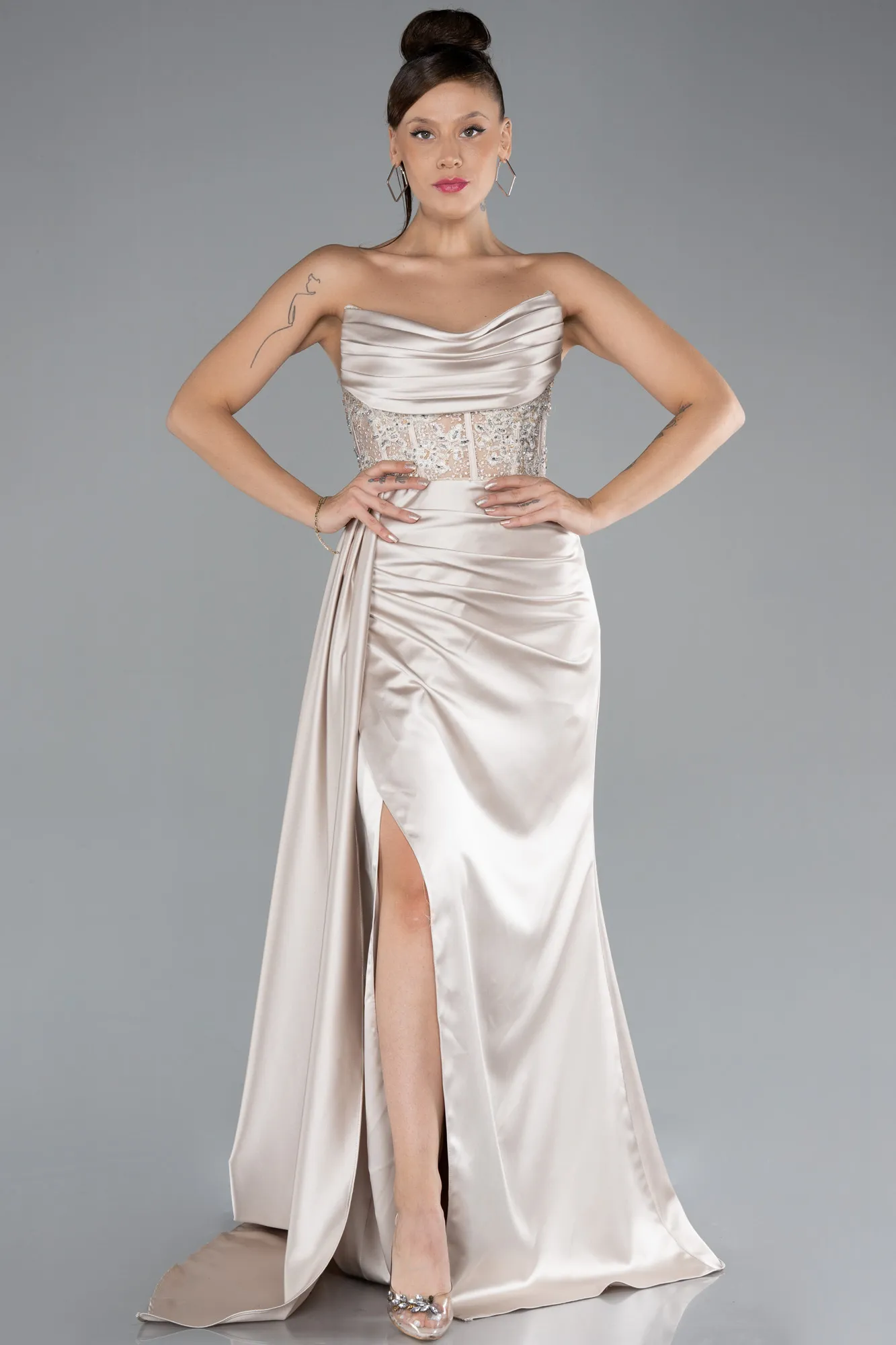 Beige-Long Satin Evening Dress ABU4366