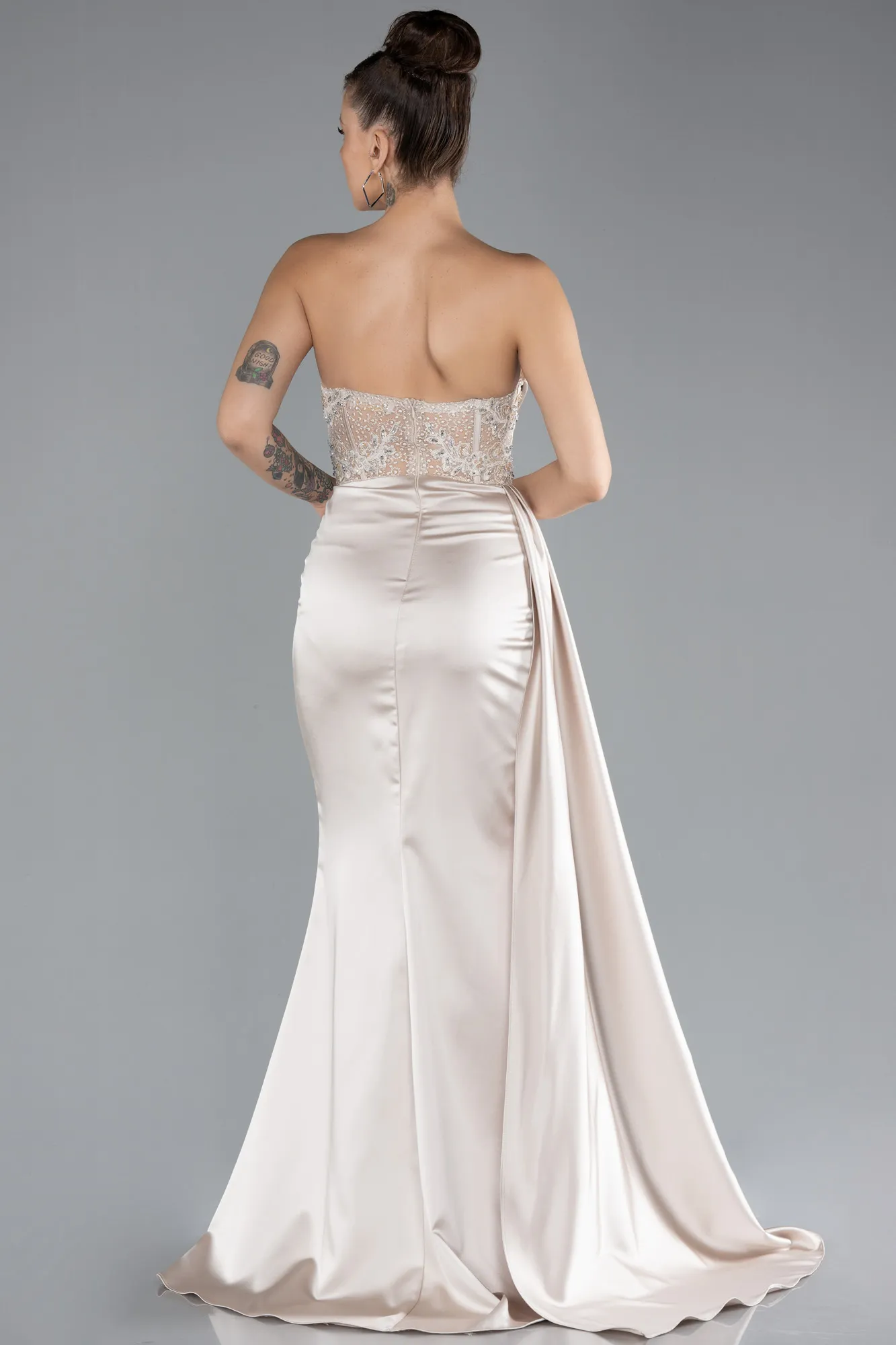 Beige-Long Satin Evening Dress ABU4366