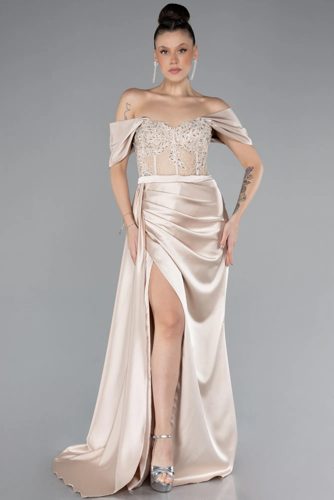 Beige-Long Satin Evening Dress ABU4591