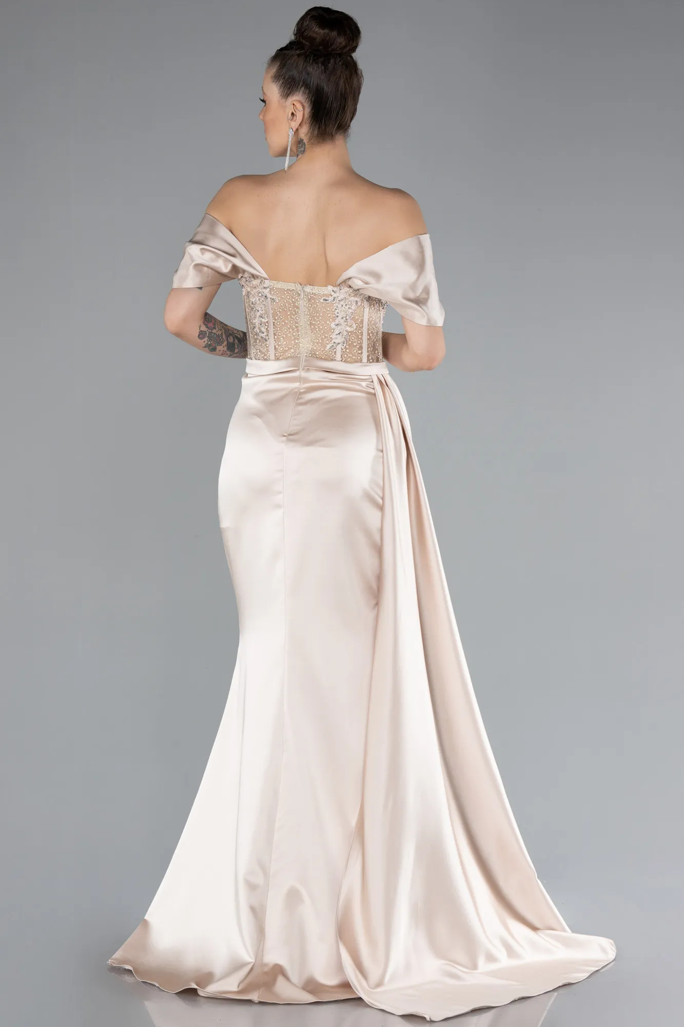 Beige-Long Satin Evening Dress ABU4591