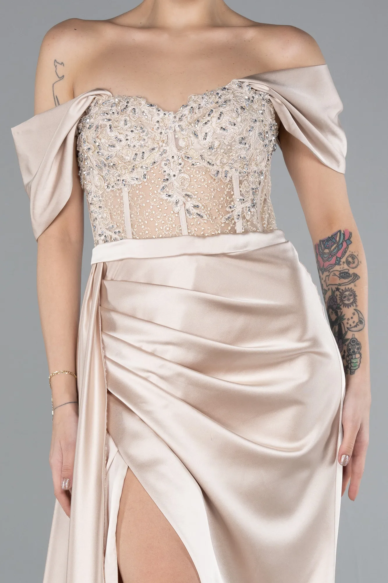 Beige-Long Satin Evening Dress ABU4591